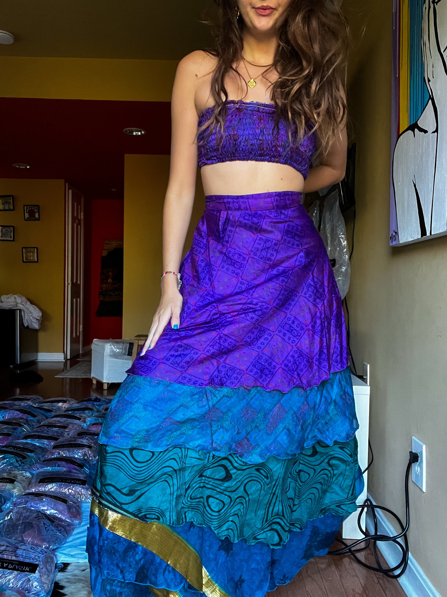 sari wrap skirt #119- Purple, green, blue