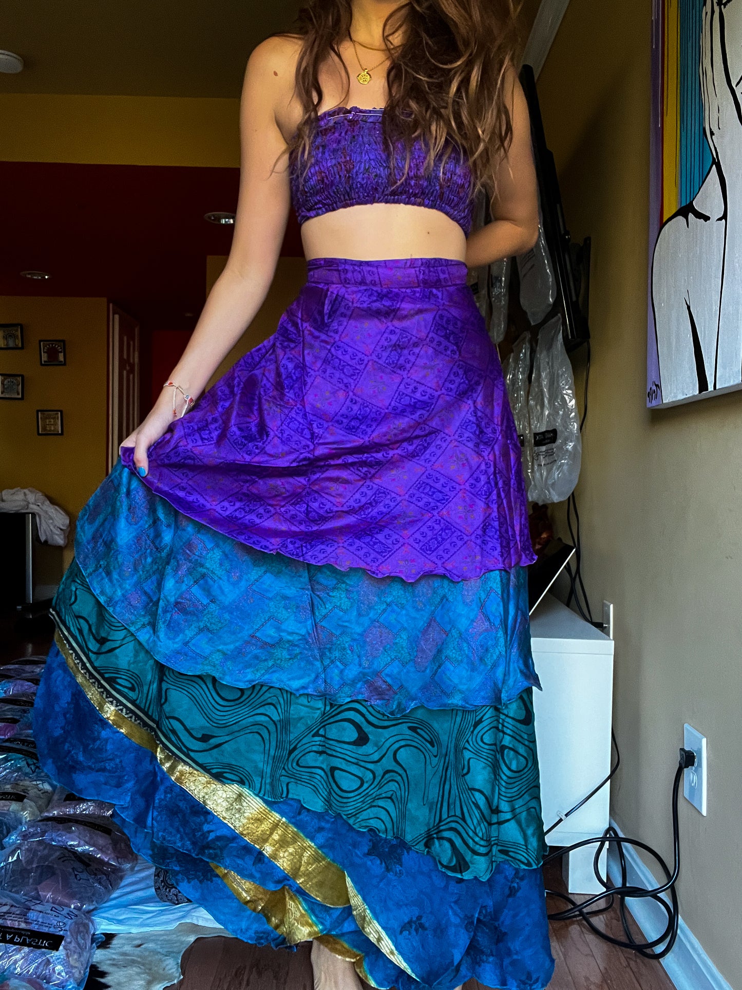 sari wrap skirt #119- Purple, green, blue