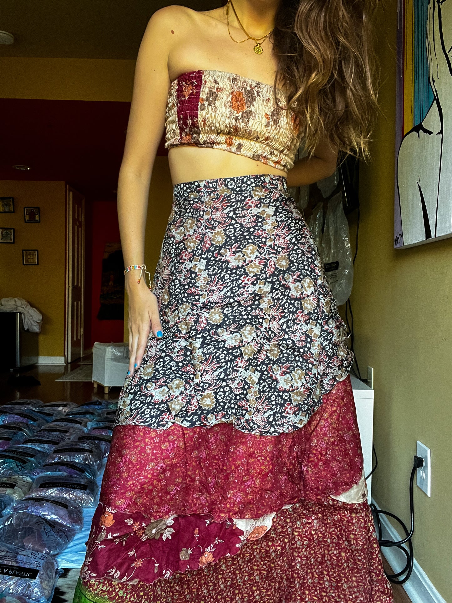sari wrap skirt #120- red white