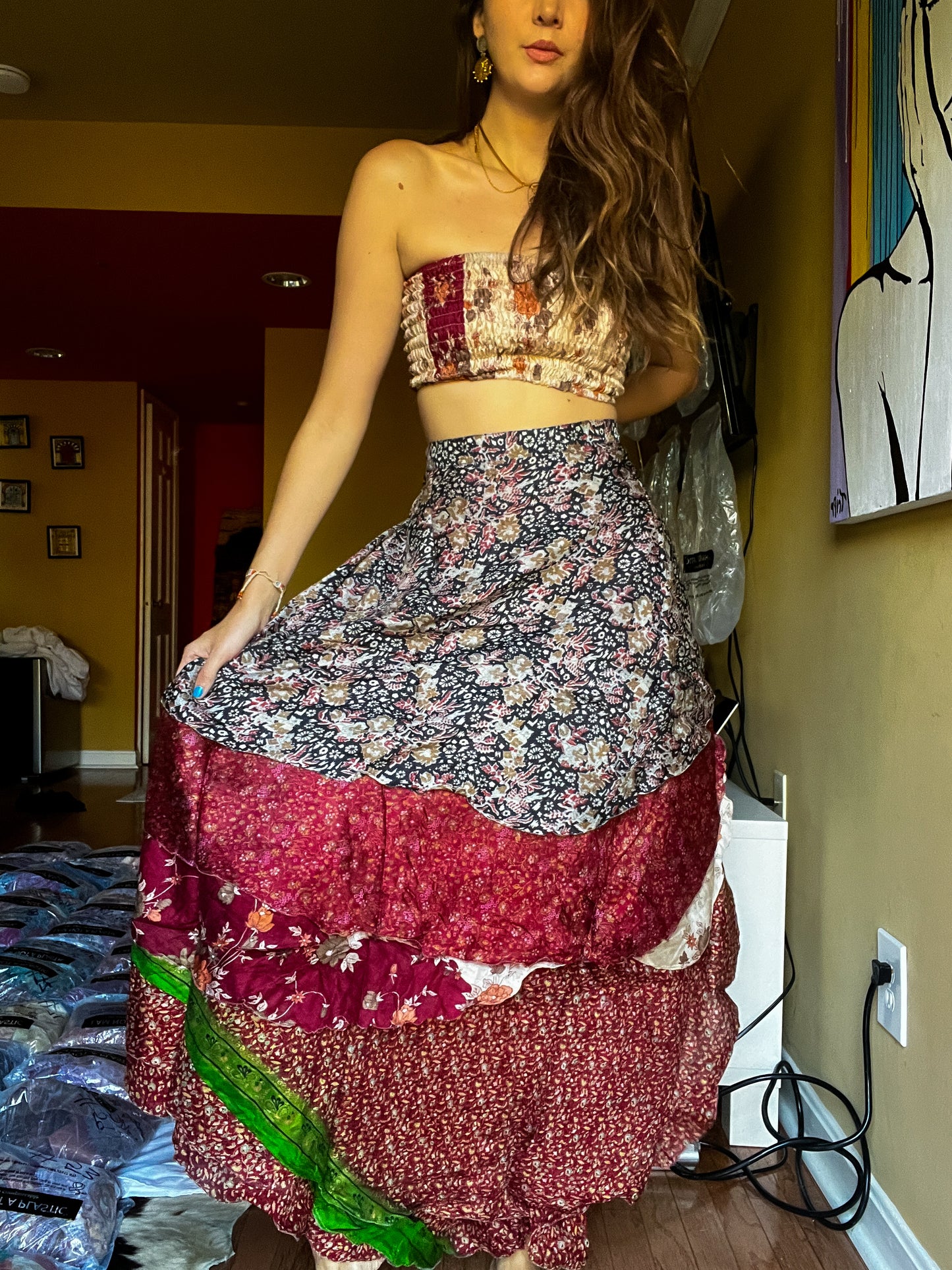 sari wrap skirt #120- red white