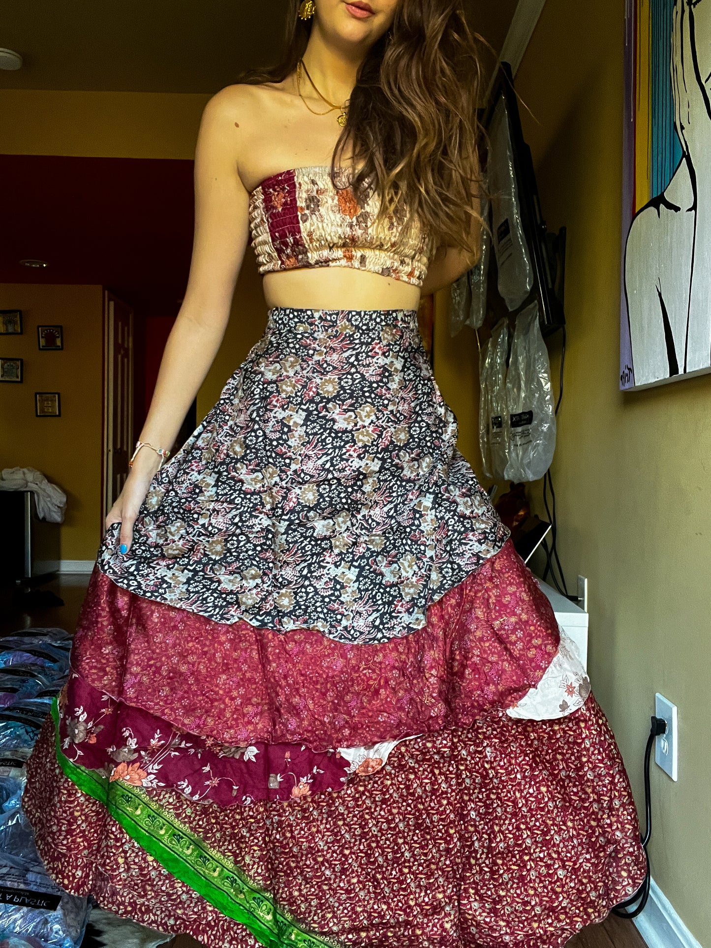 sari wrap skirt #120- red white