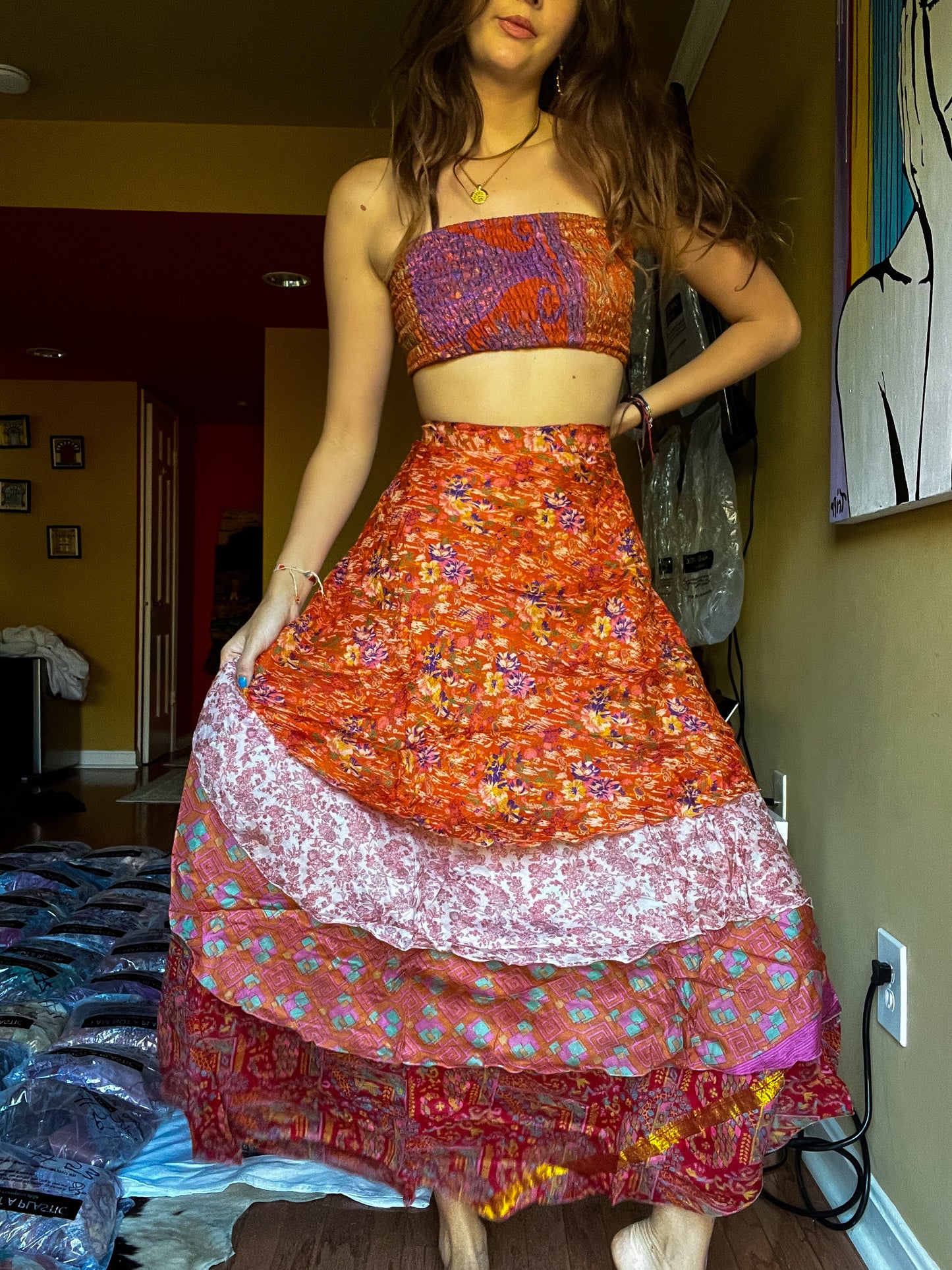 sari wrap skirt #121- orange
