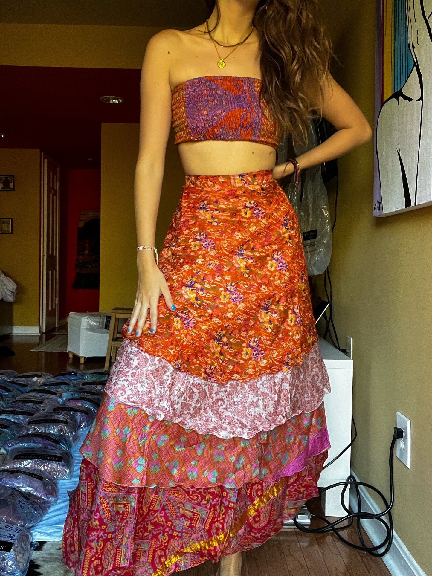 sari wrap skirt #121- orange