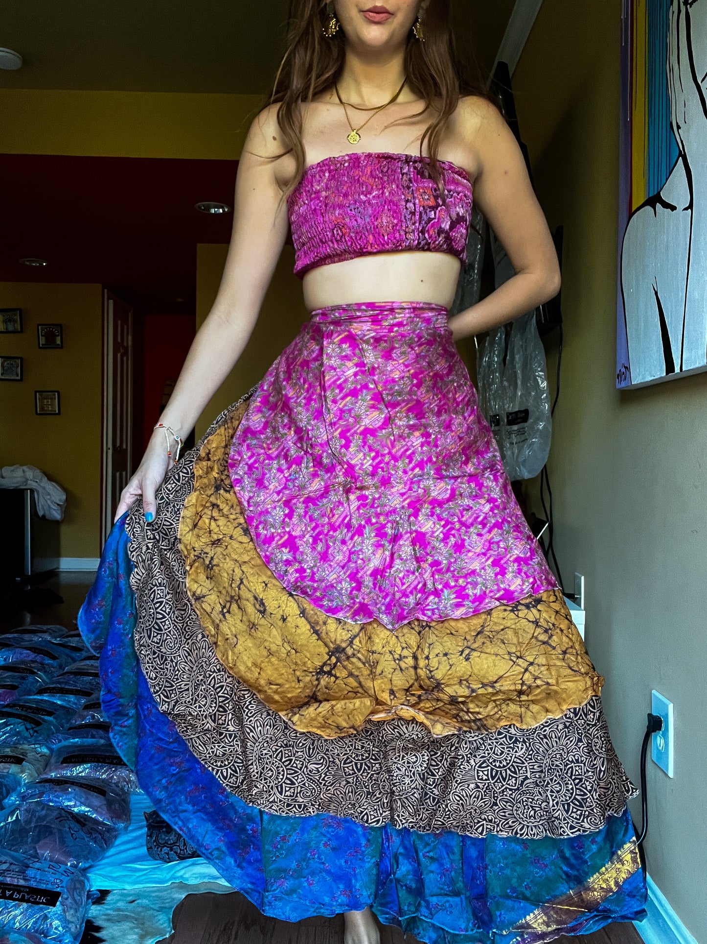 sari wrap skirt #122- pink, brown