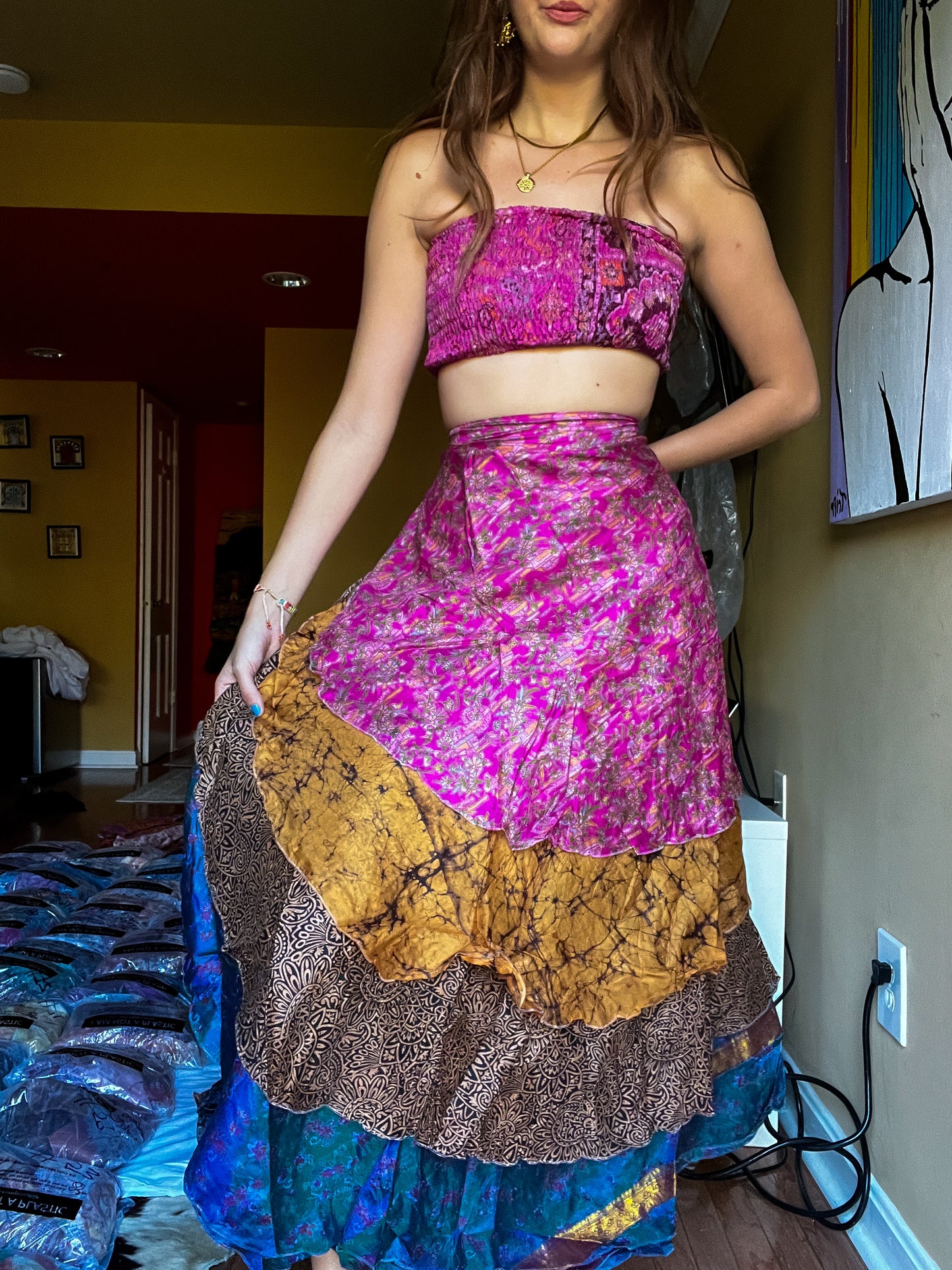 sari wrap skirt #122- pink, brown