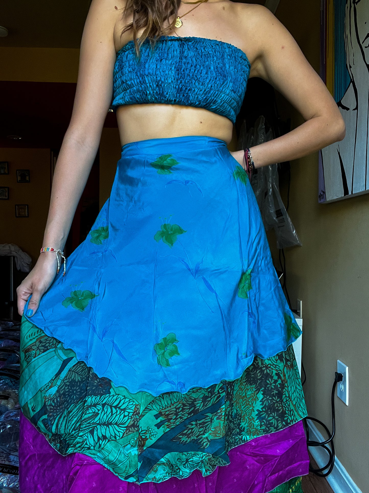 sari wrap skirt #123- Blue, green, fusia