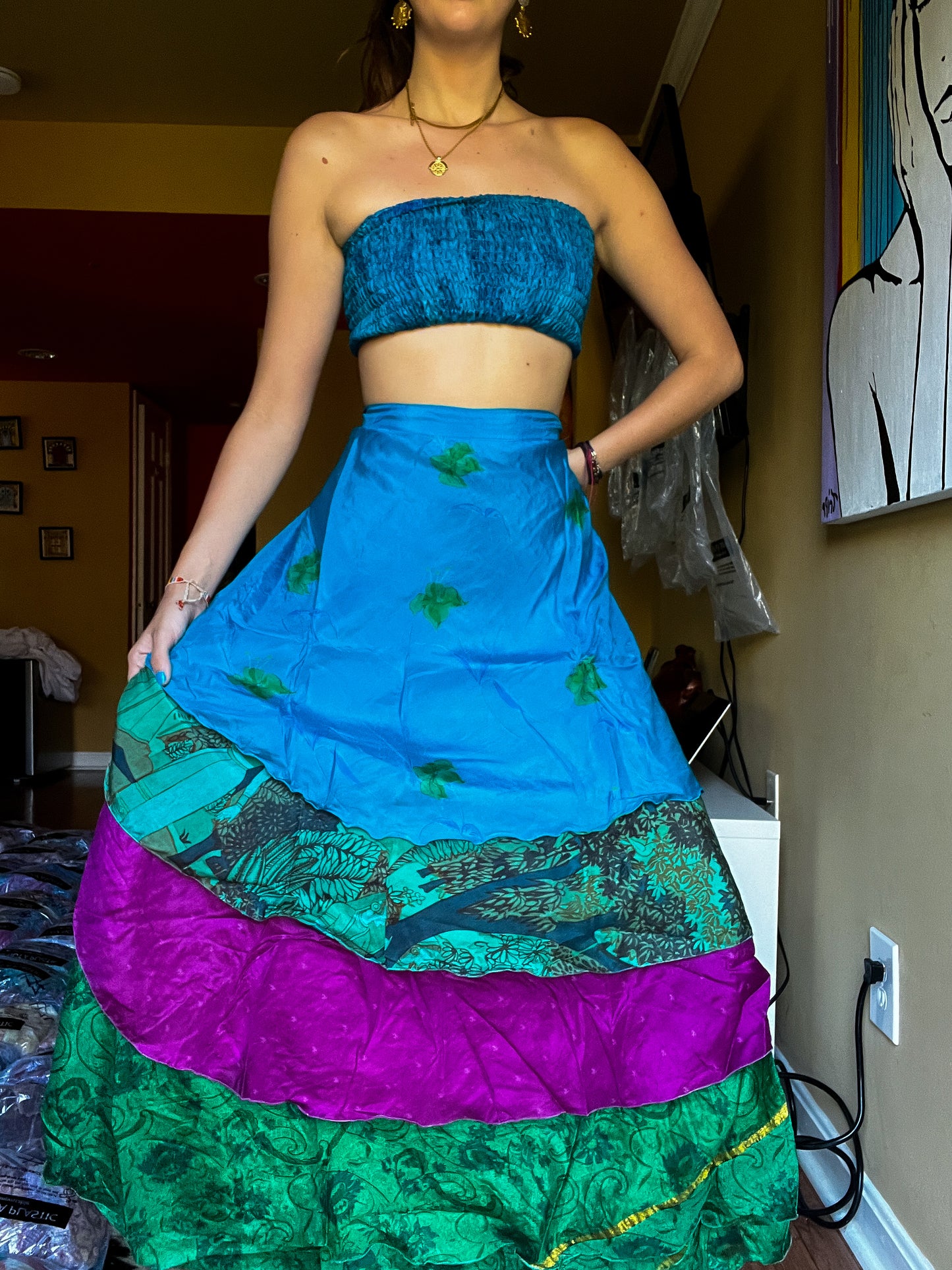 sari wrap skirt #123- Blue, green, fusia