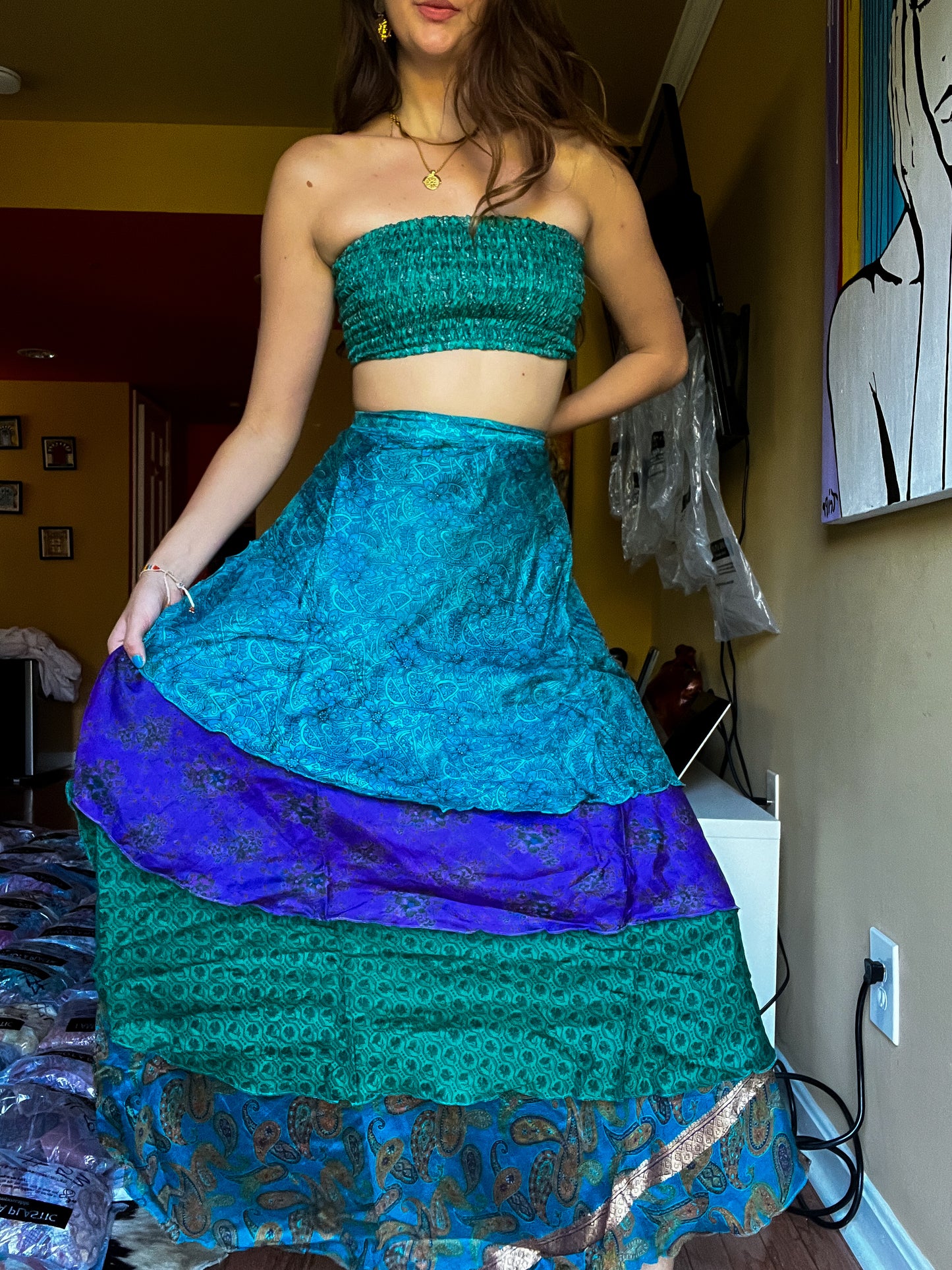 sari wrap skirt #125- green, blue