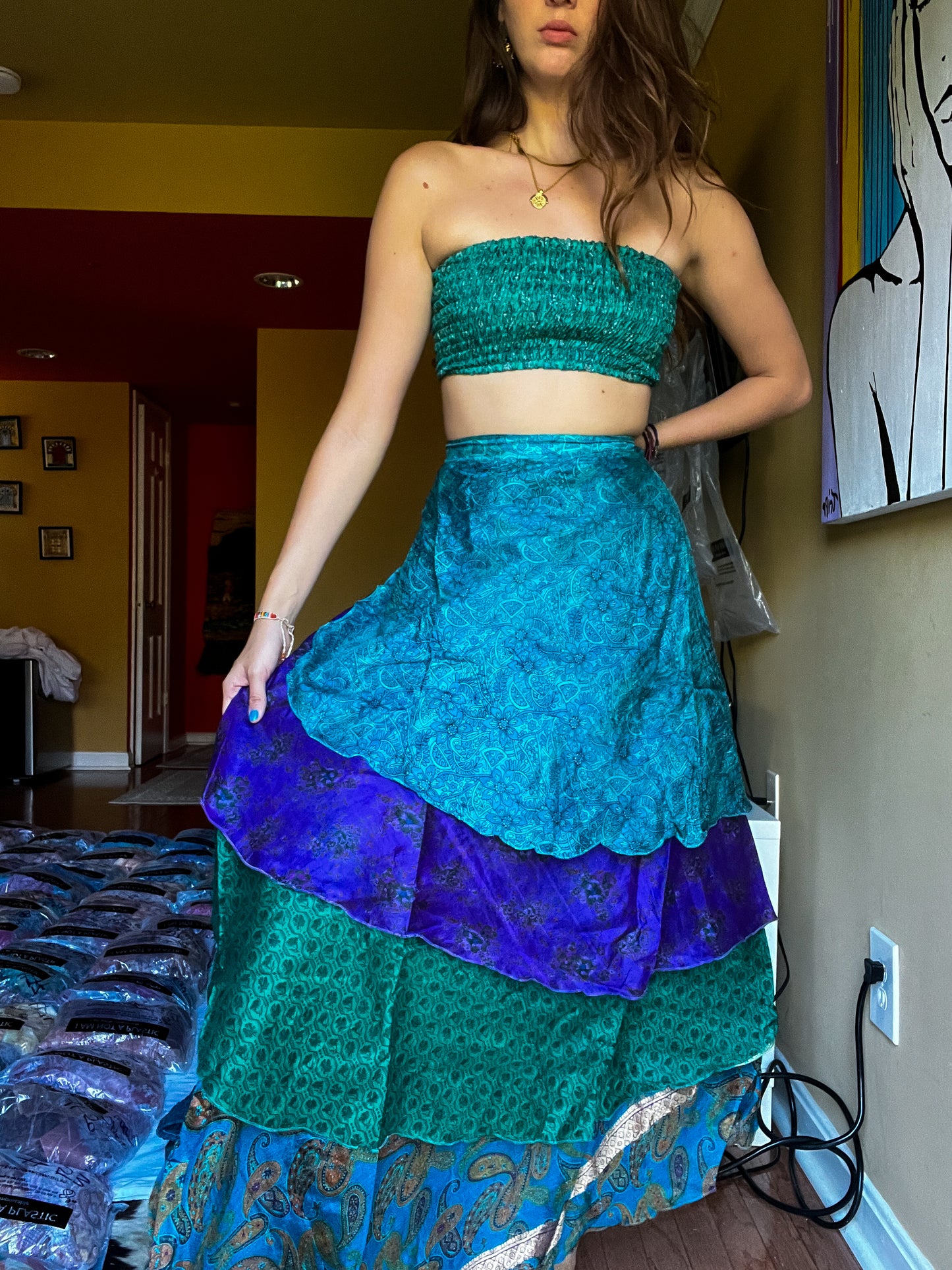 sari wrap skirt #125- green, blue