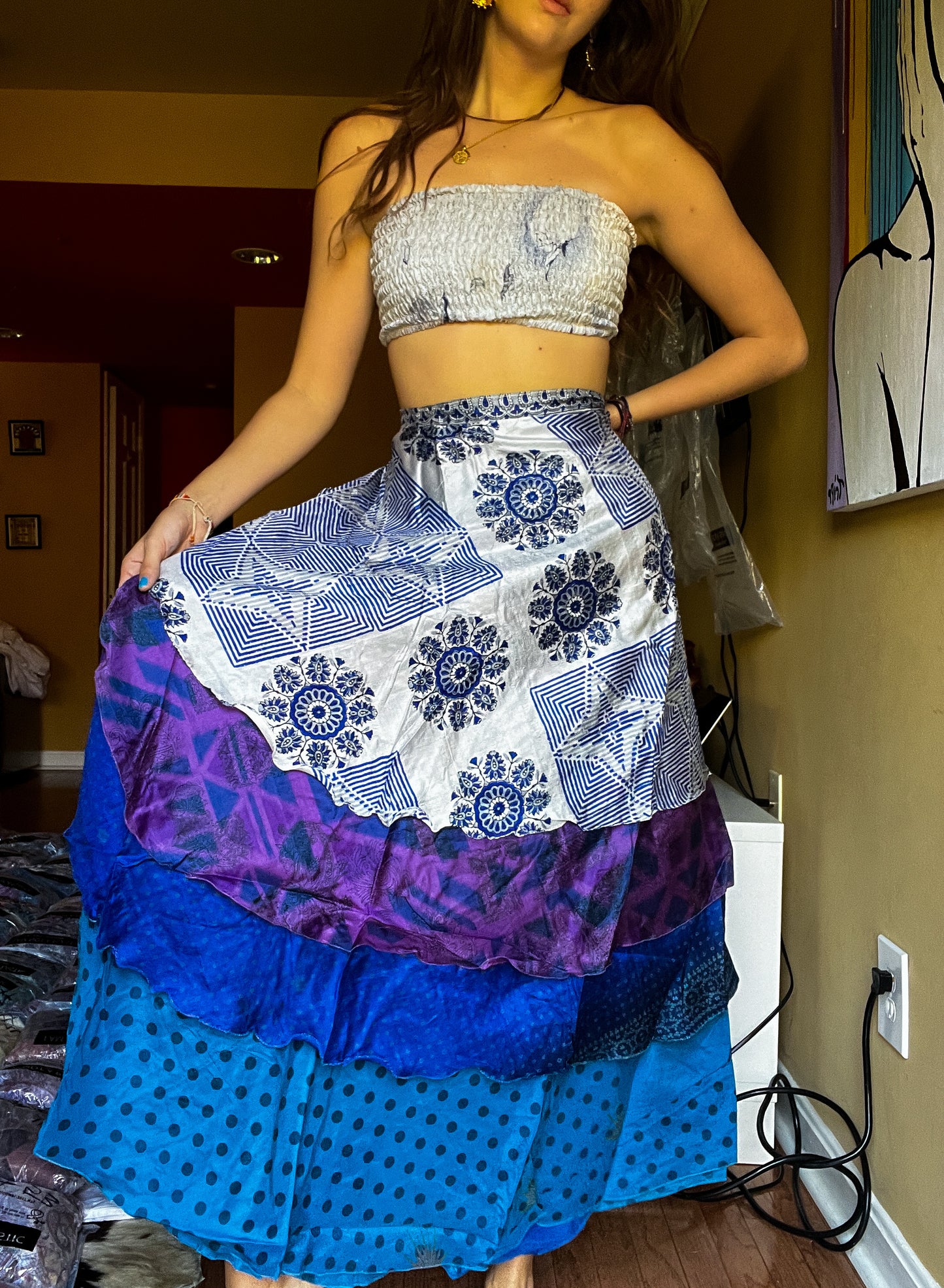 sari wrap skirt #126- blue, white
