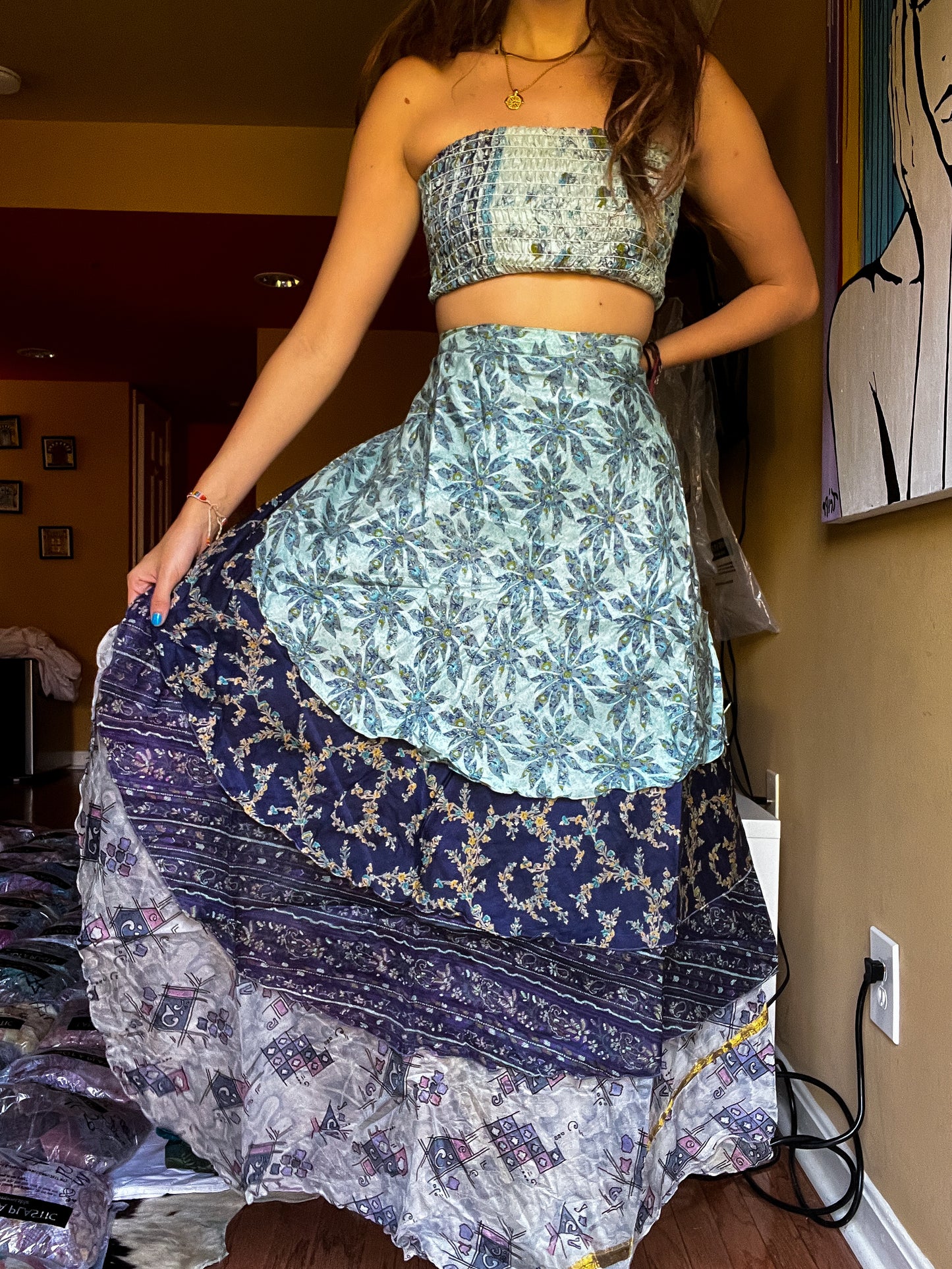 sari wrap skirt #127- grey, dark blue