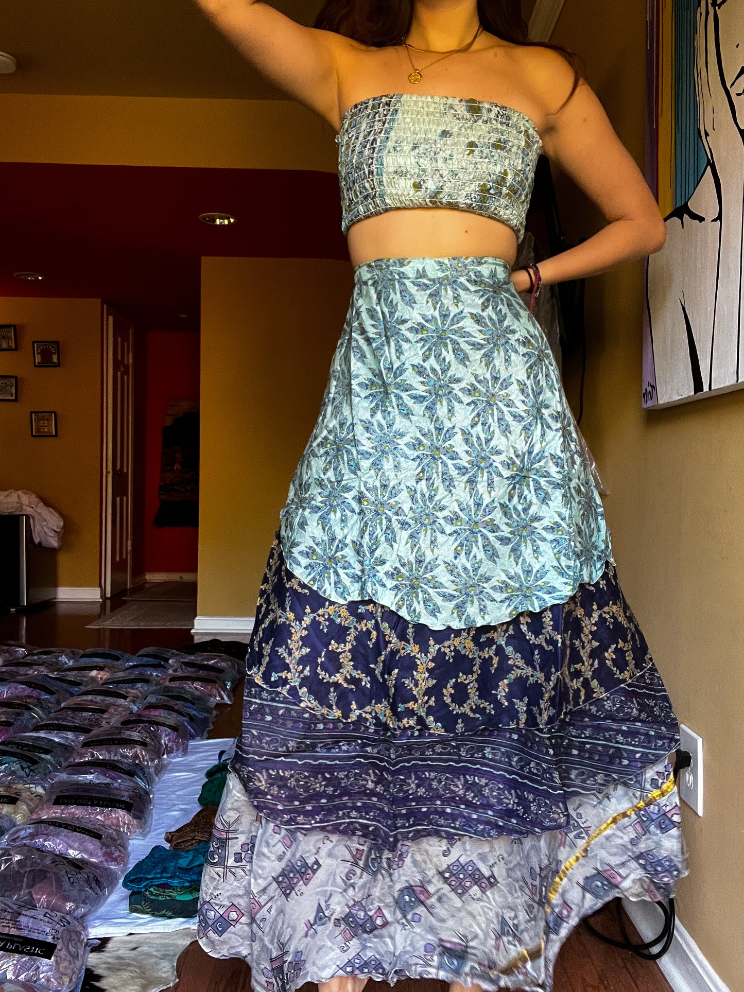 sari wrap skirt #127- grey, dark blue