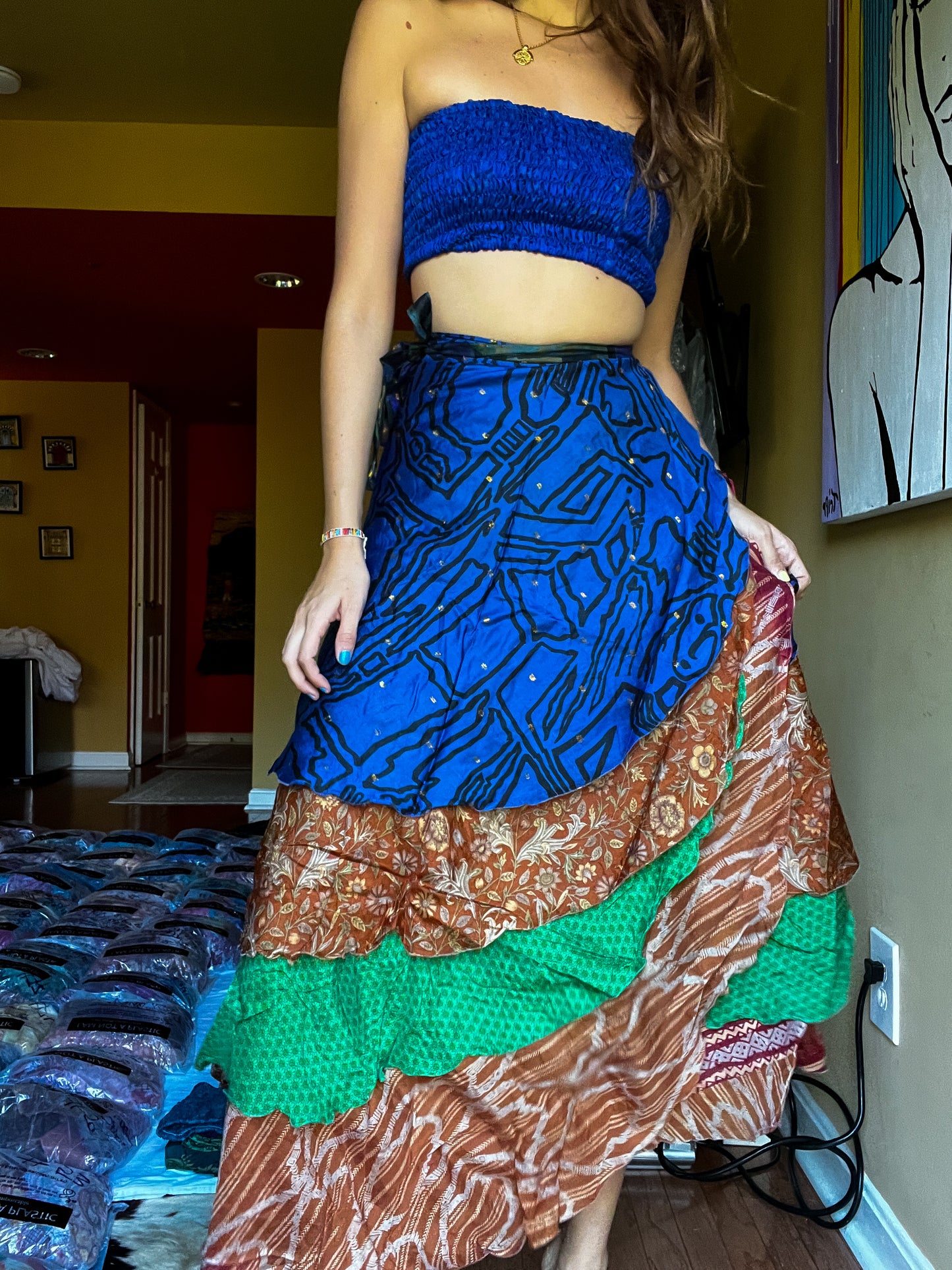 sari wrap skirt #128- blue, brown, green