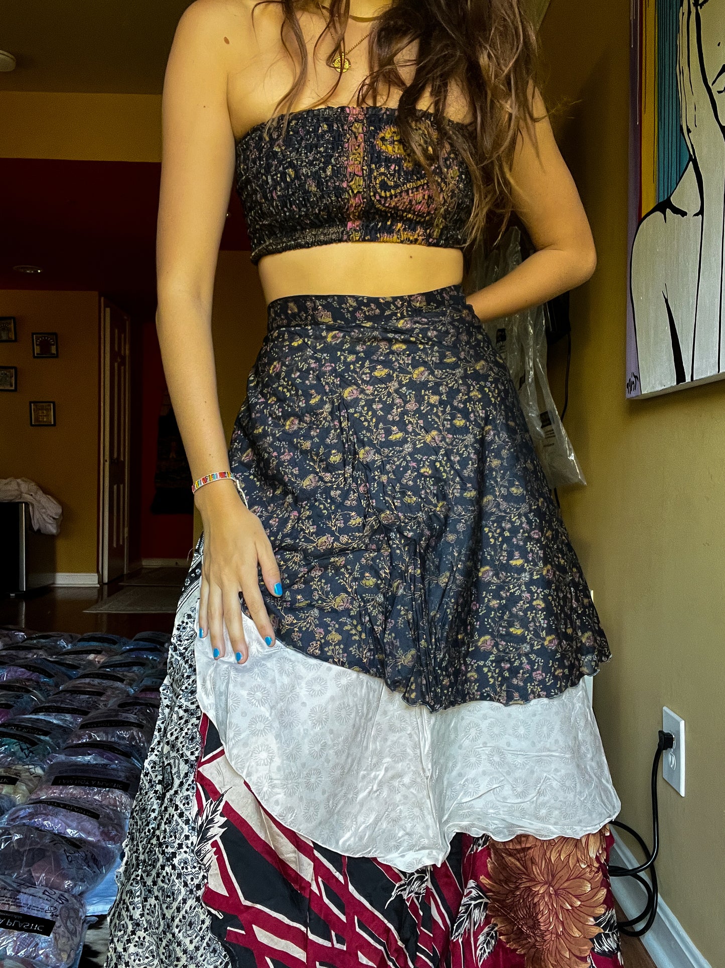 sari wrap skirt #130- black, white, red
