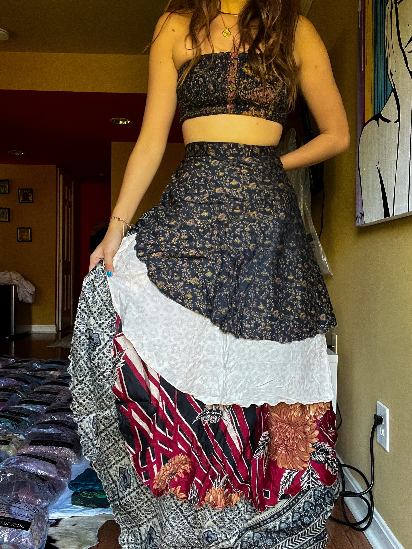 sari wrap skirt #130- black, white, red