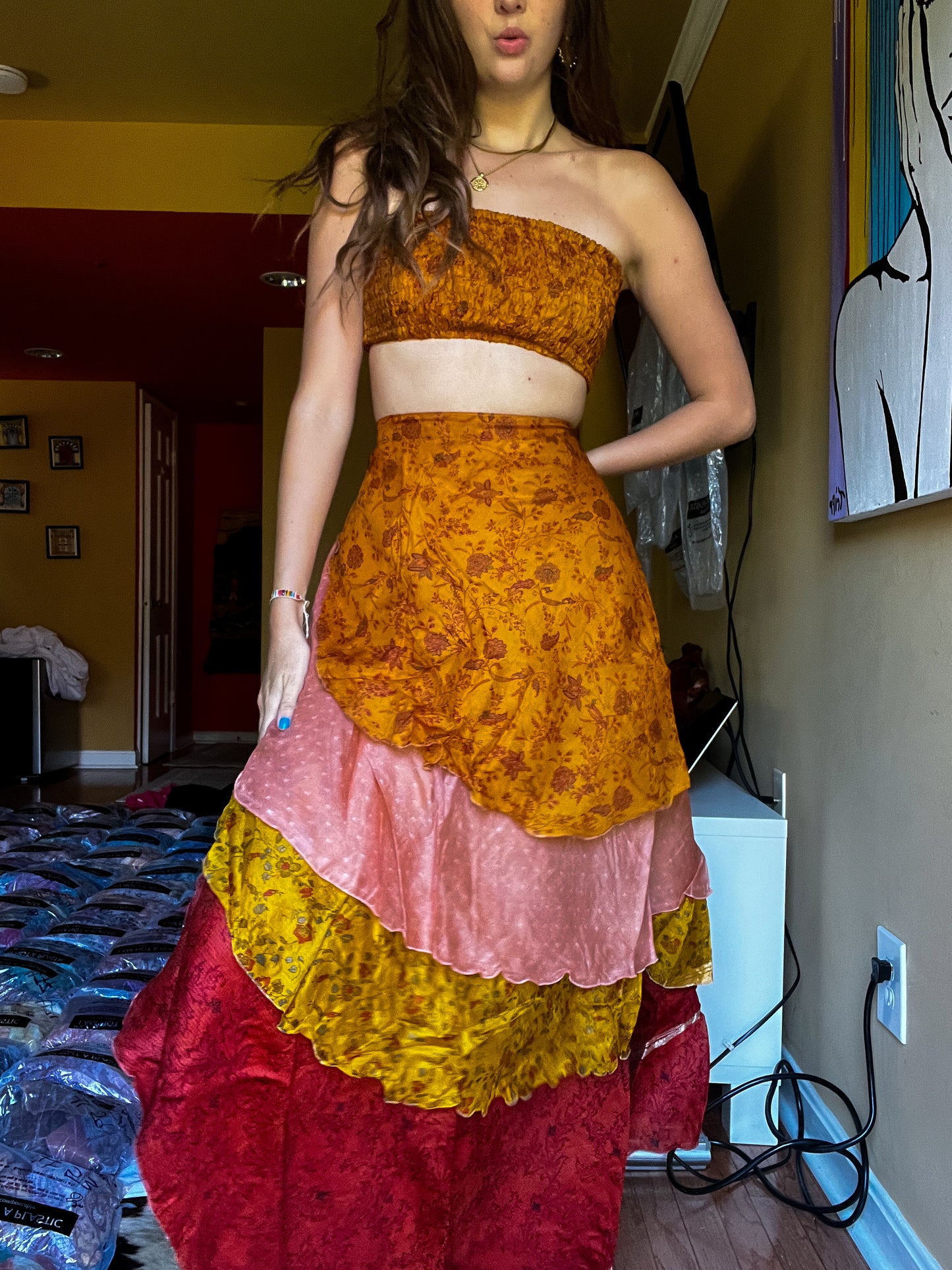 sari wrap skirt #132- yellow, brown, red