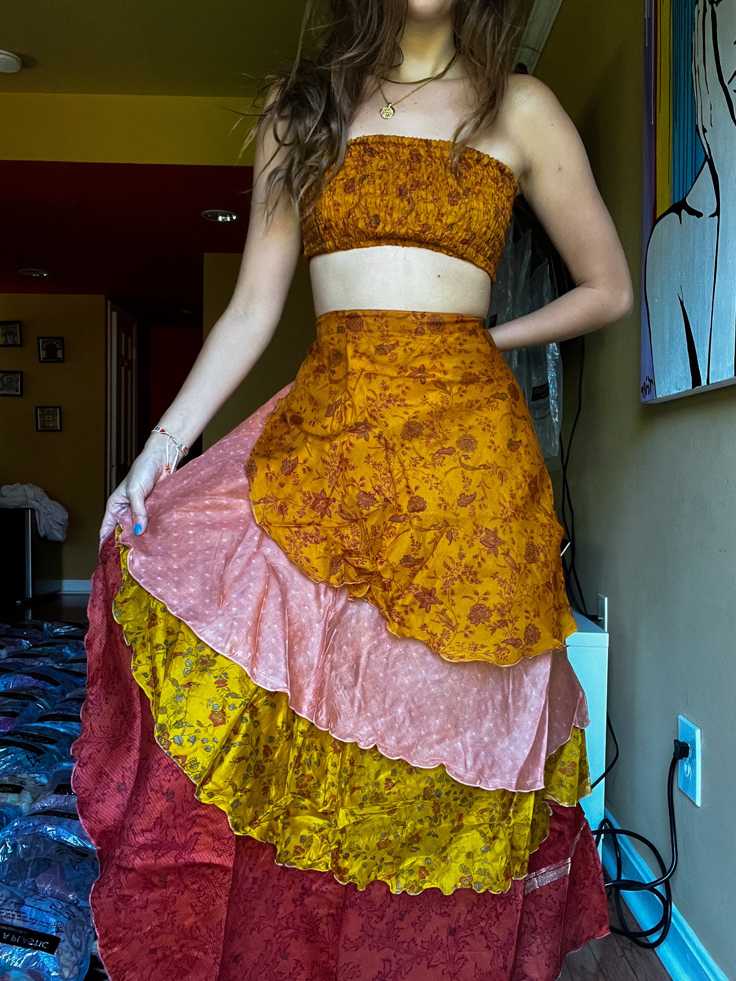 sari wrap skirt #132- yellow, brown, red