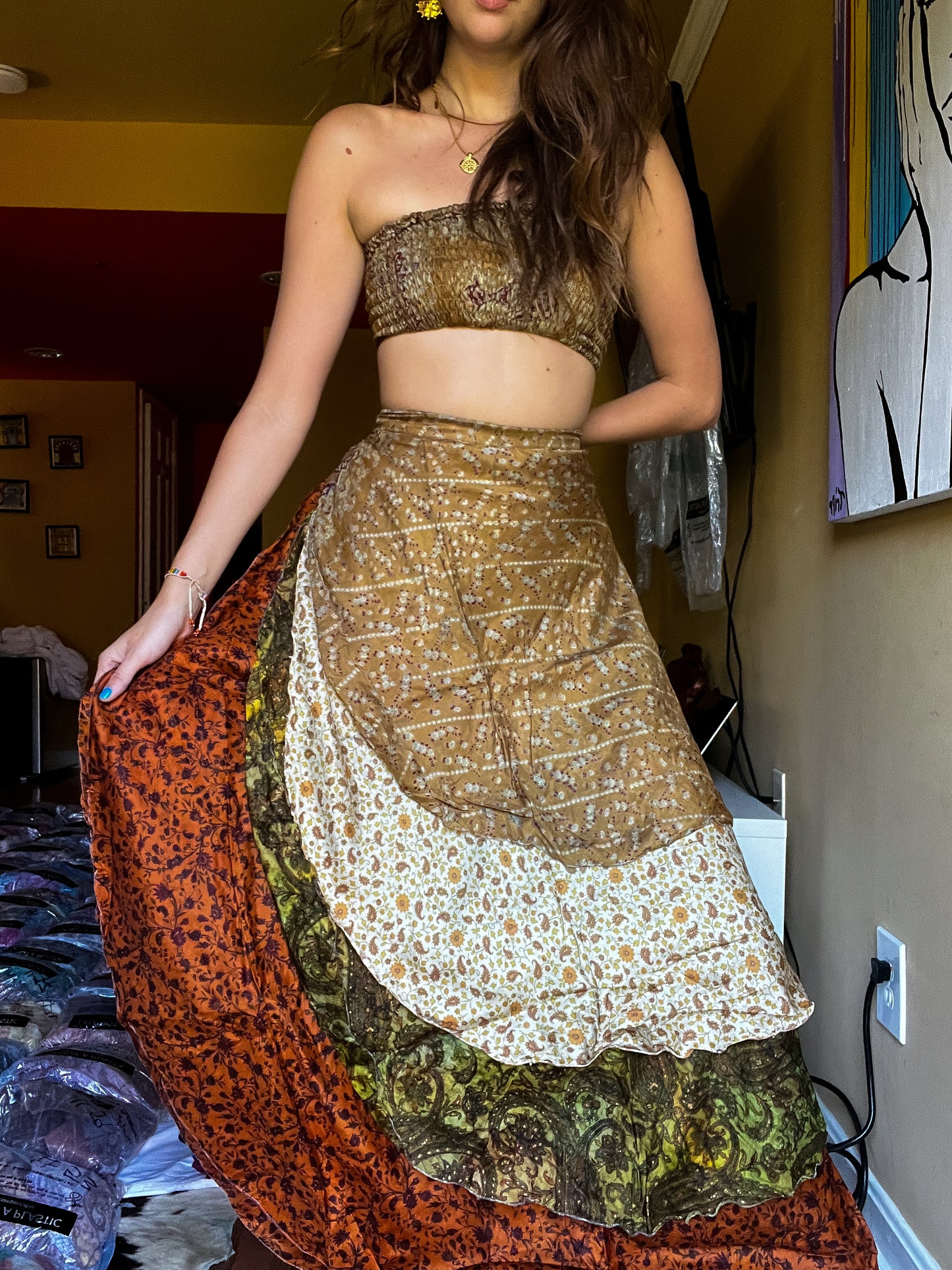 sari wrap skirt #133- Green, creme, brown
