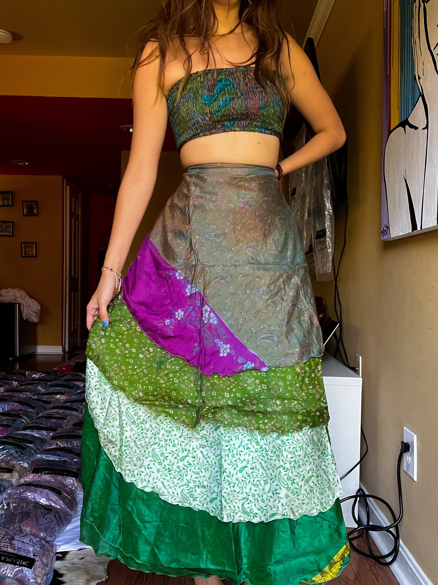 sari wrap skirt #134- Green