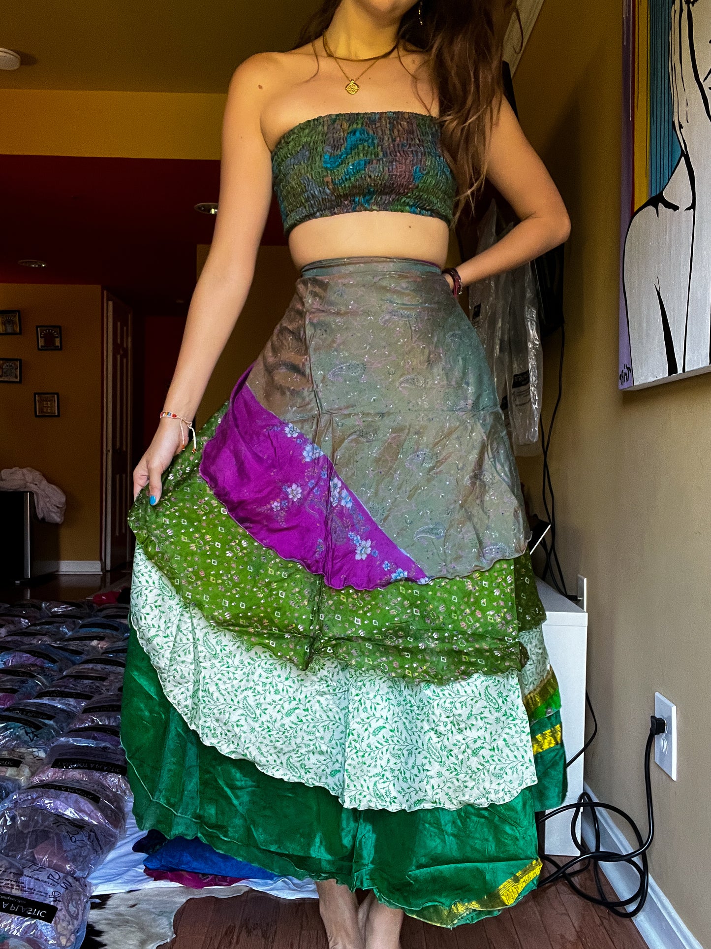 sari wrap skirt #134- Green