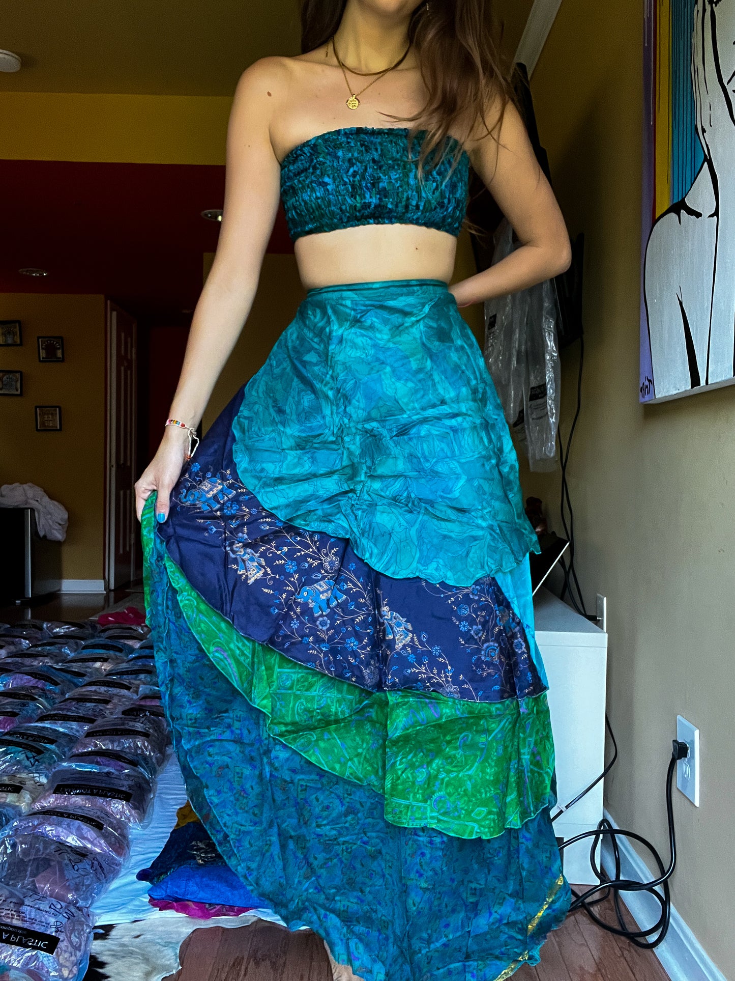 sari wrap skirt #135- Green, blue