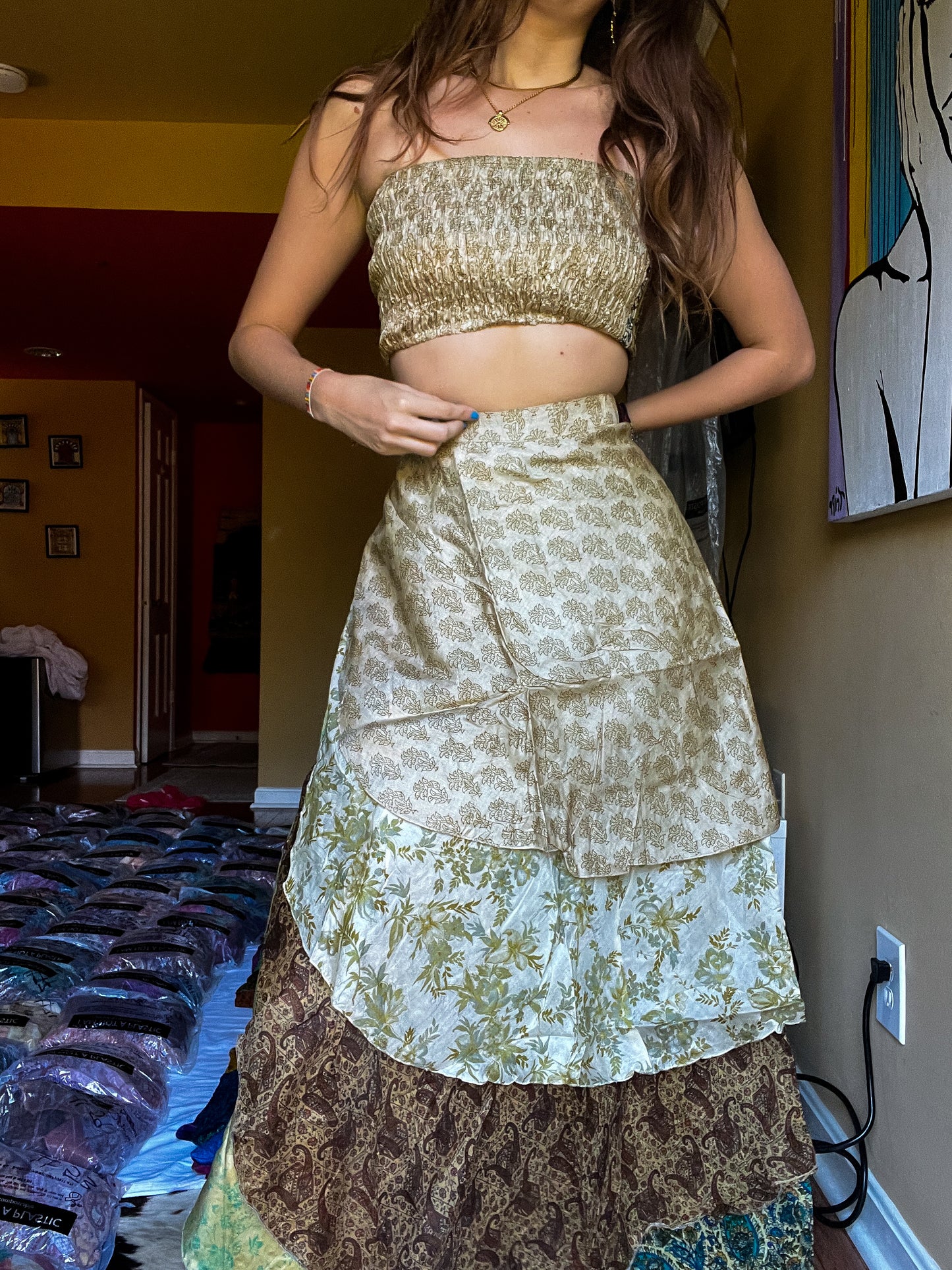 sari wrap skirt #136- creme, green
