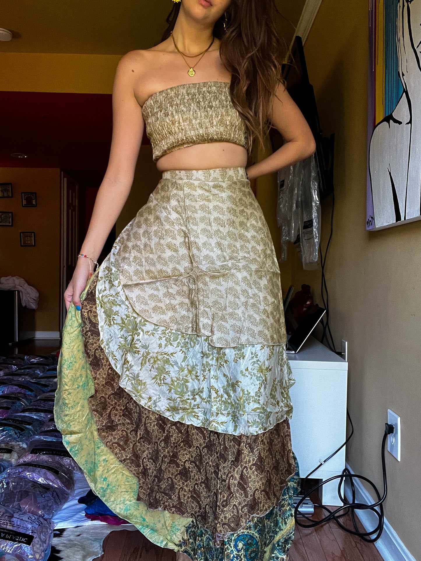 sari wrap skirt #136- creme, green