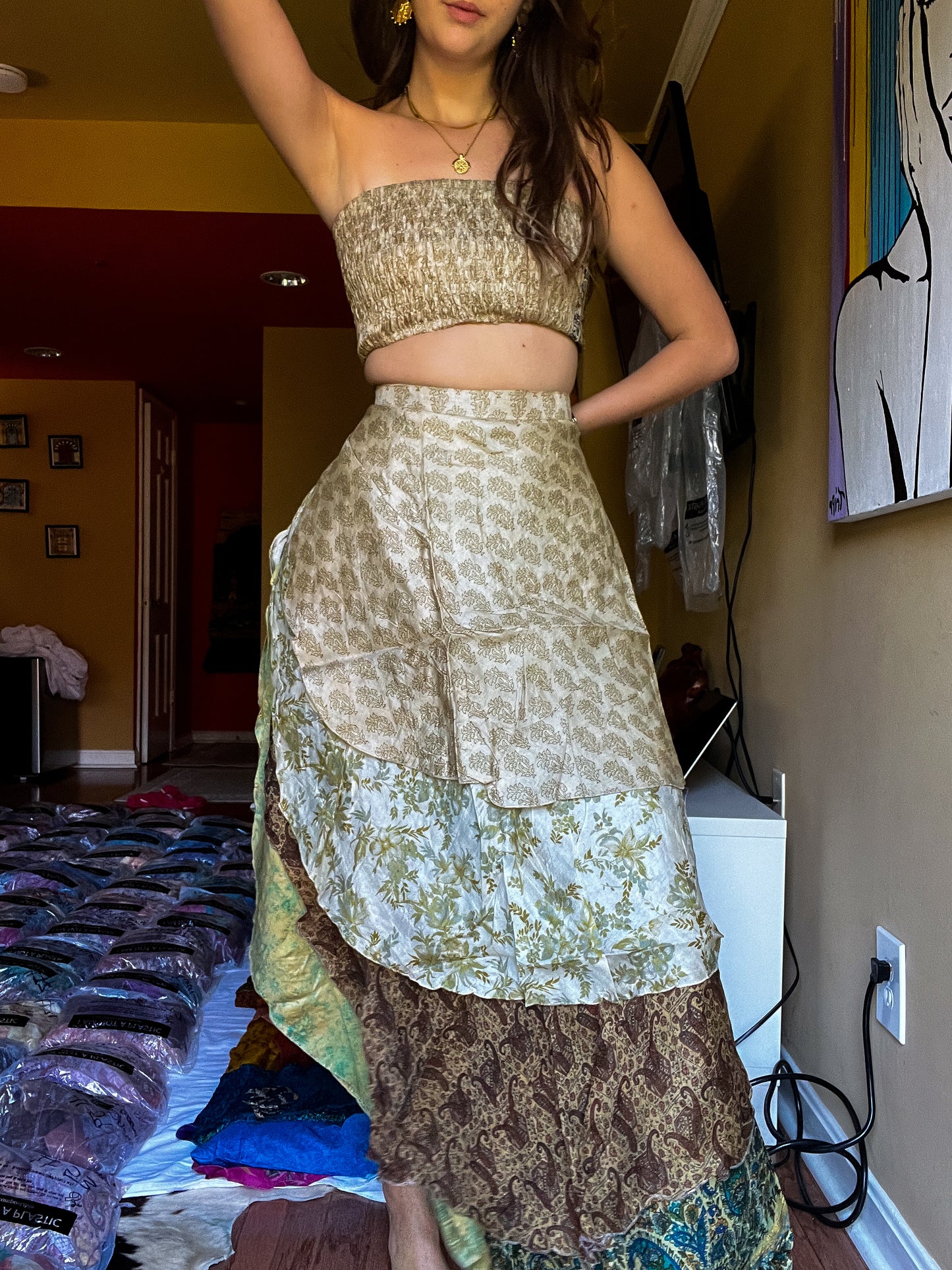 sari wrap skirt #136- creme, green