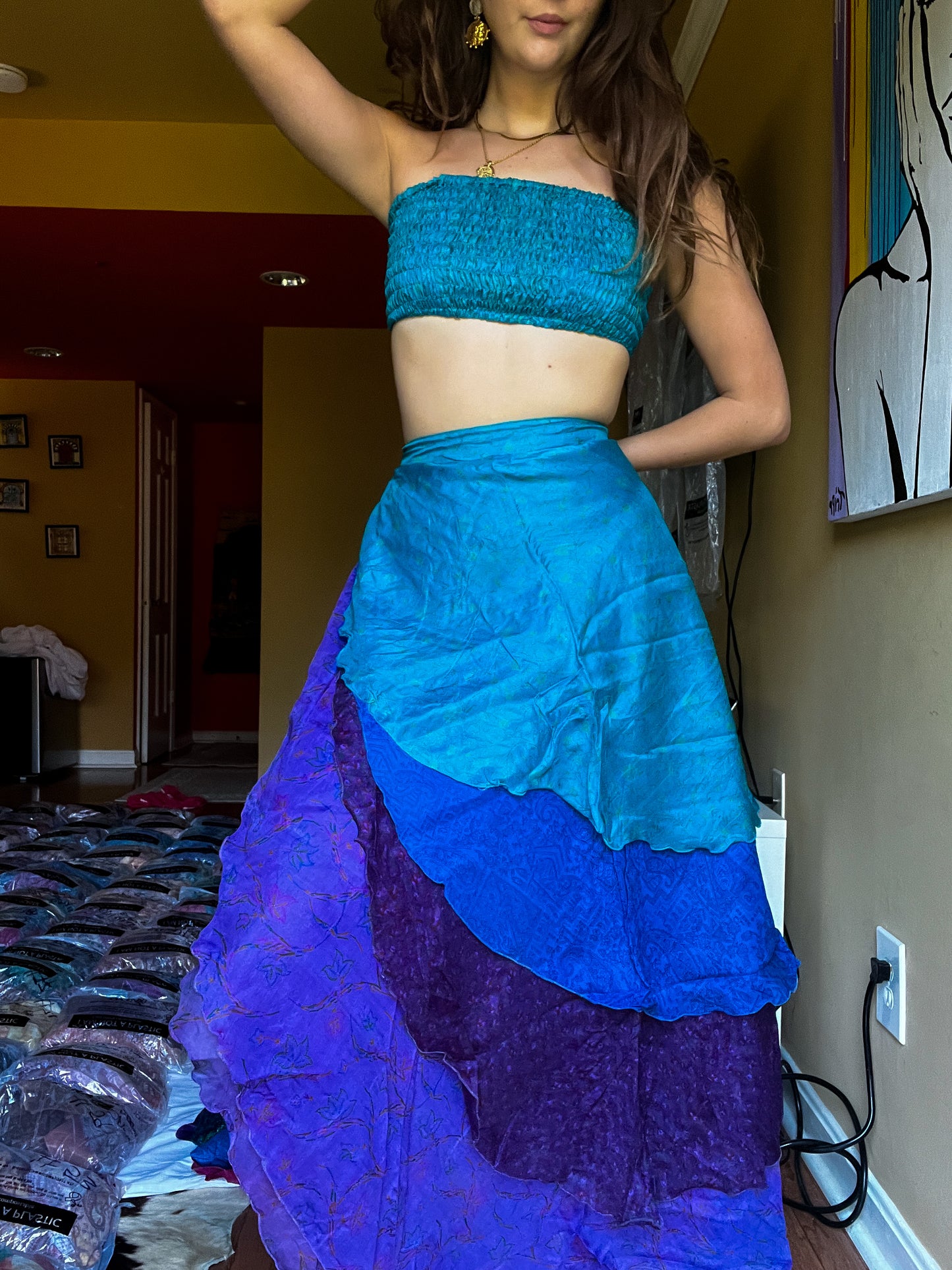 sari wrap skirt #137- aqua, purple