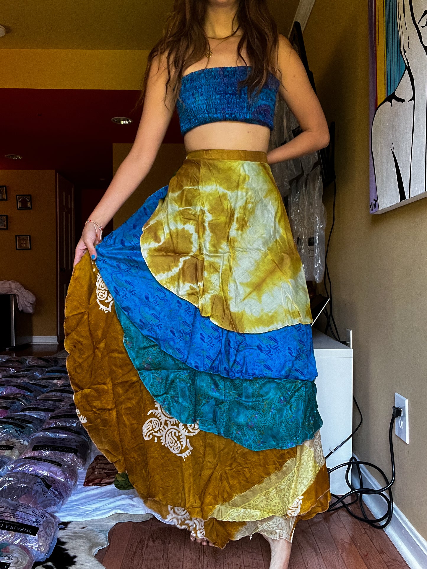 sari wrap skirt #138- bluw, brown