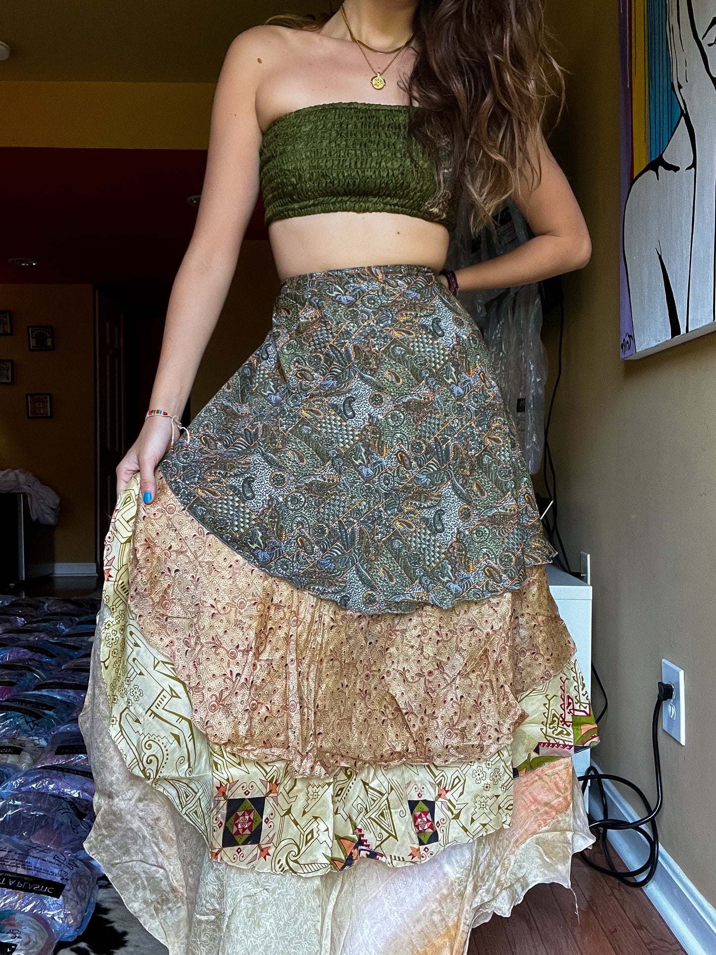 sari wrap skirt #141- green, creme