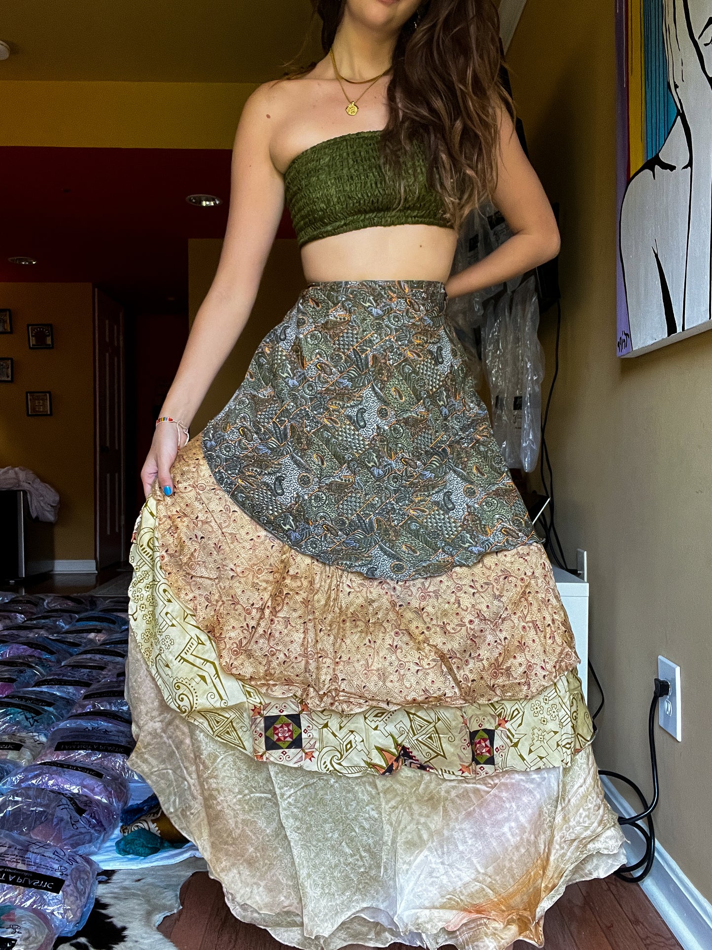 sari wrap skirt #141- green, creme