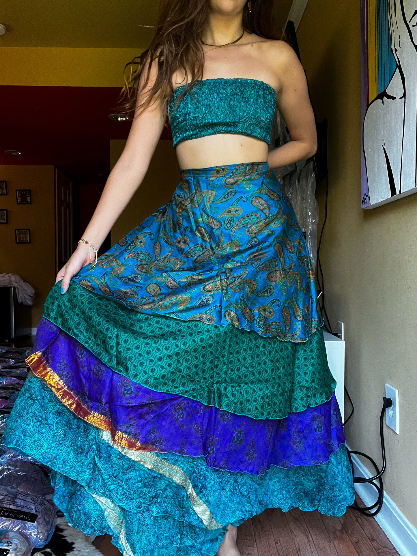 sari wrap skirt #143- Green, purple
