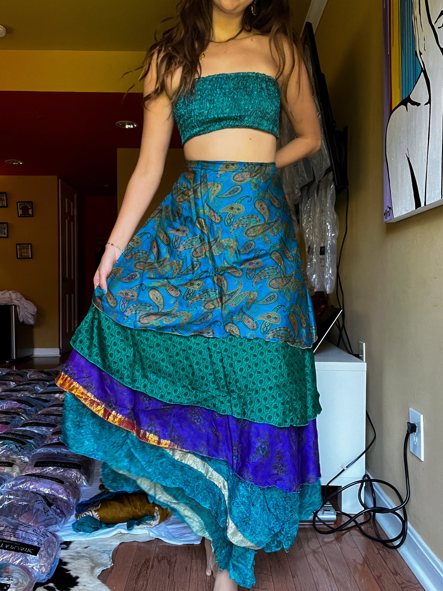 sari wrap skirt #143- Green, purple