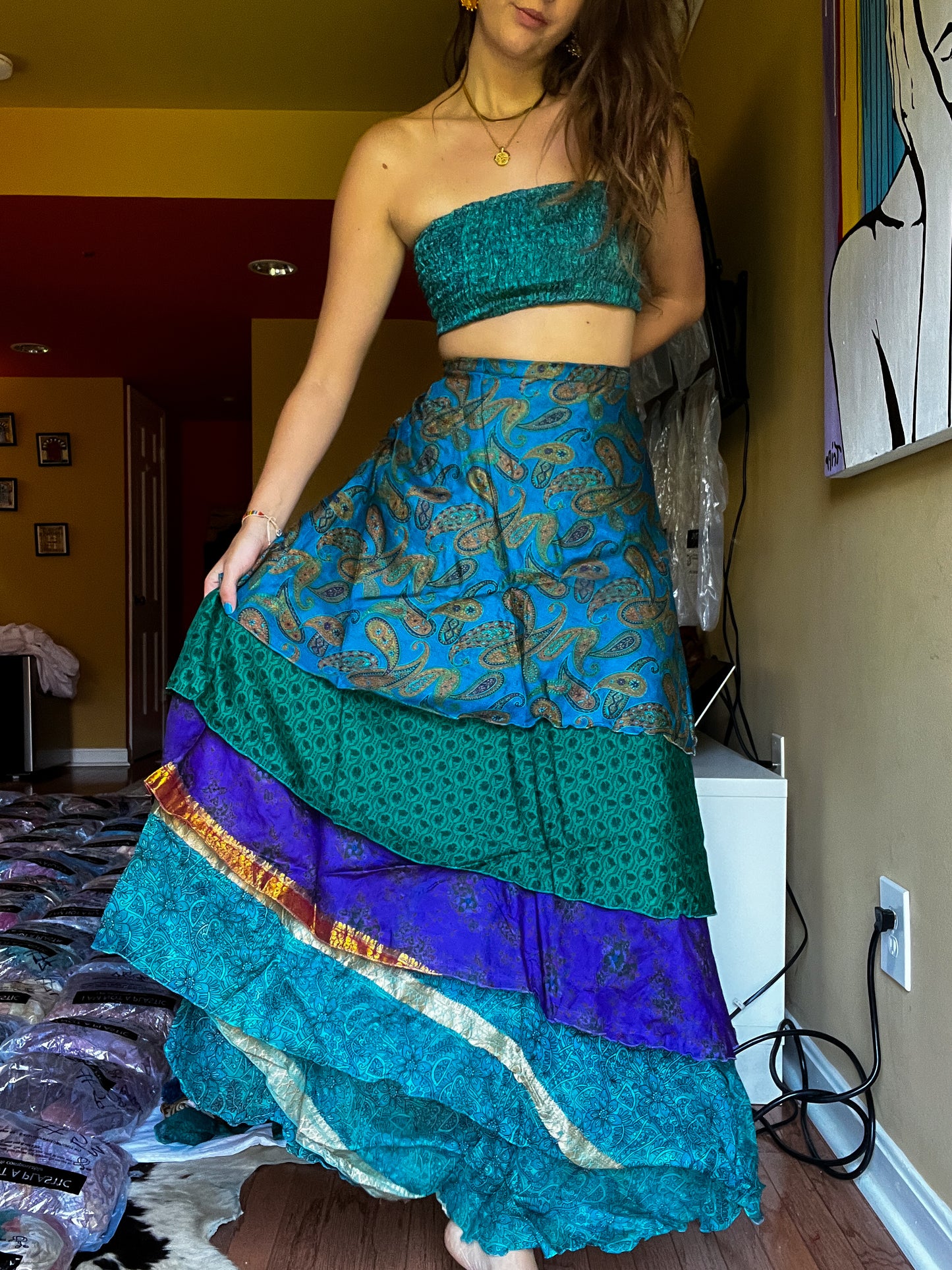 sari wrap skirt #143- Green, purple