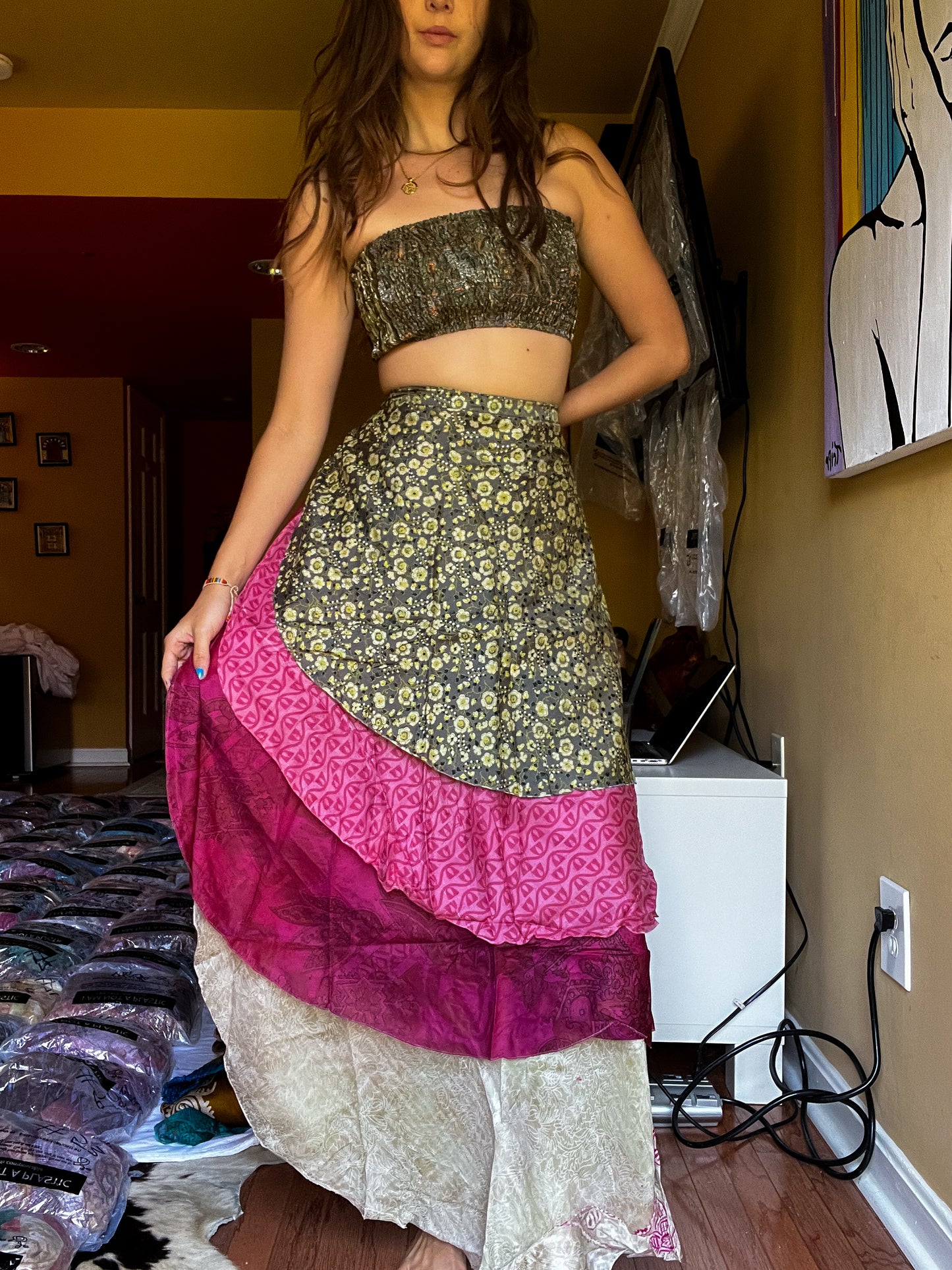 sari wrap skirt #144- Green, red, creme
