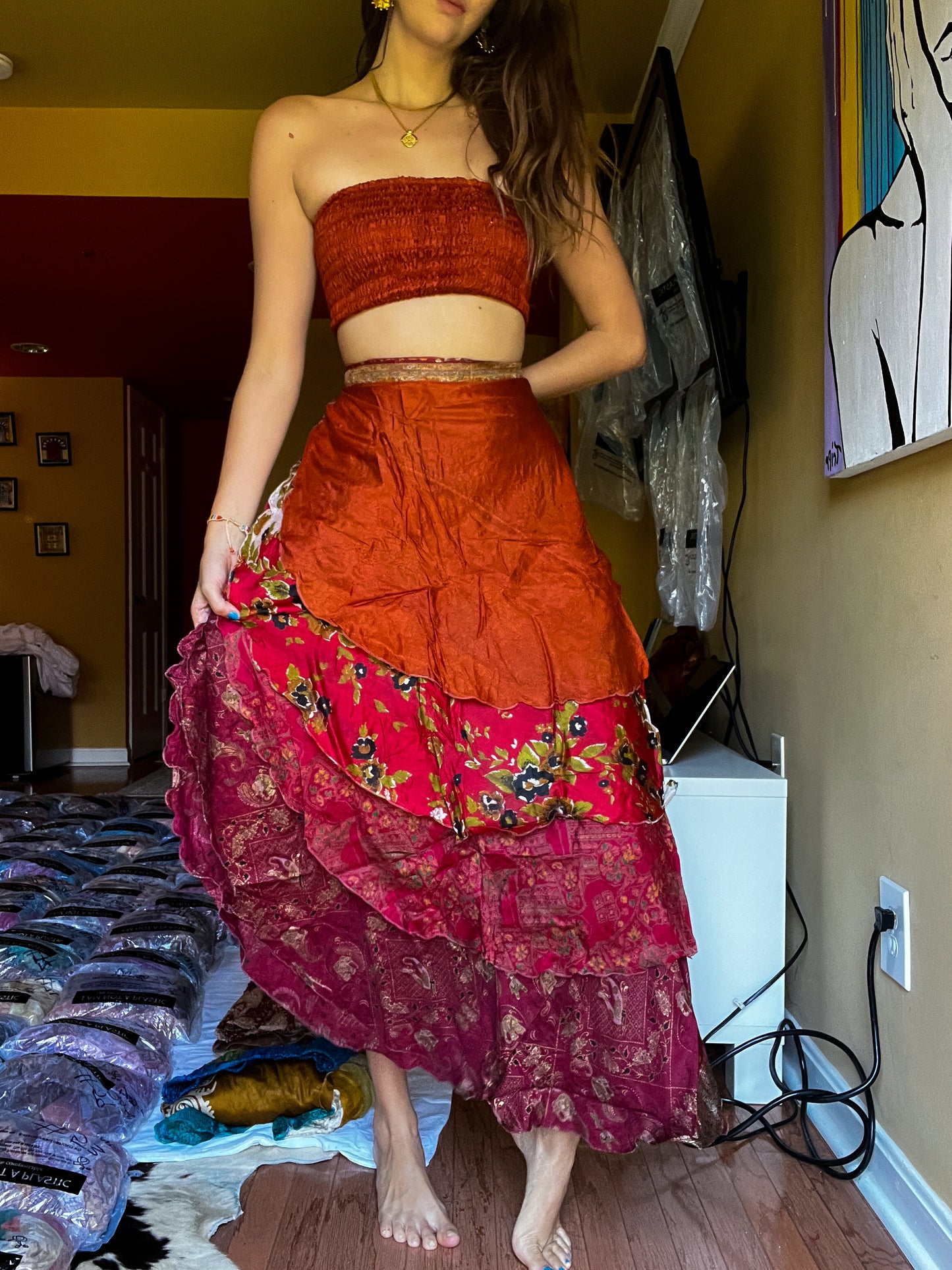 sari wrap skirt #146- Red