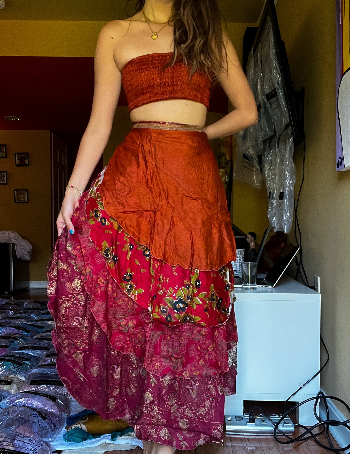 sari wrap skirt #146- Red