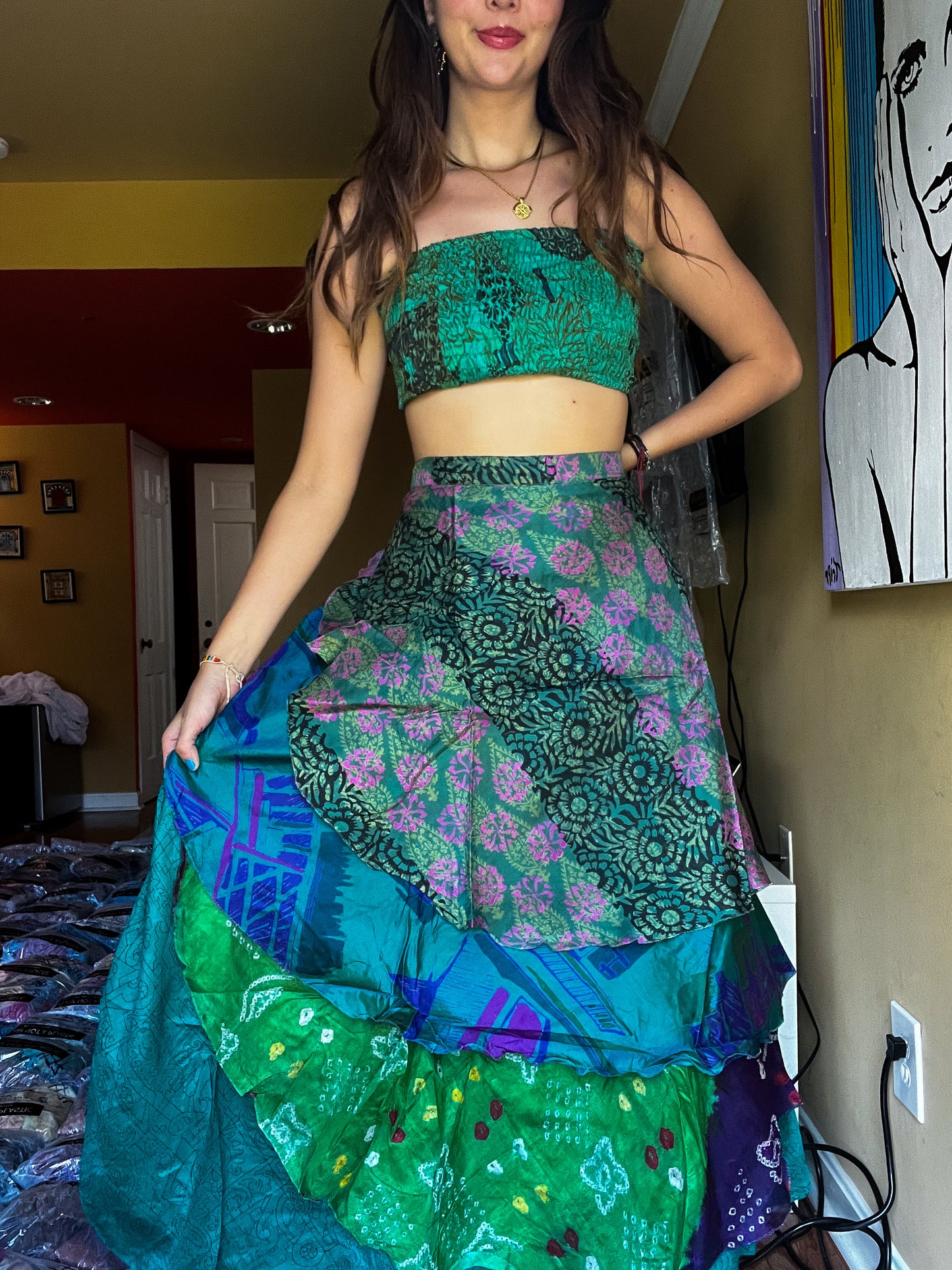 sari wrap skirt #147- Green,blue