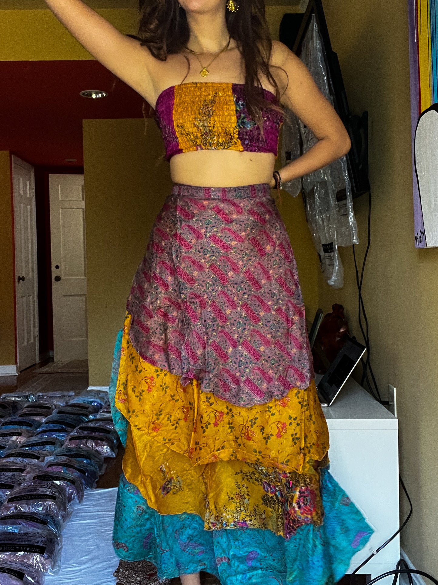 sari wrap skirt #148- Yellow, blue