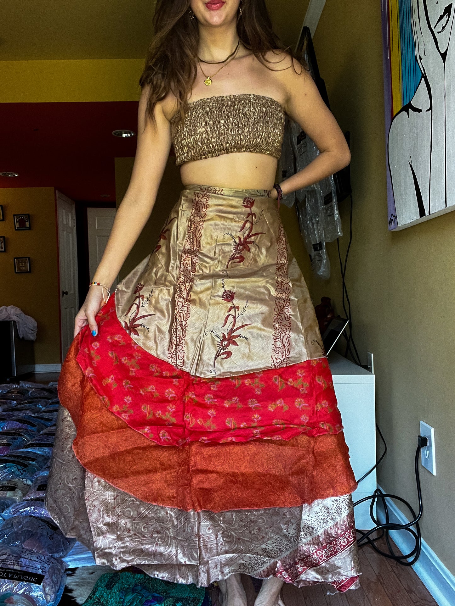 sari wrap skirt #149- Red, Brown