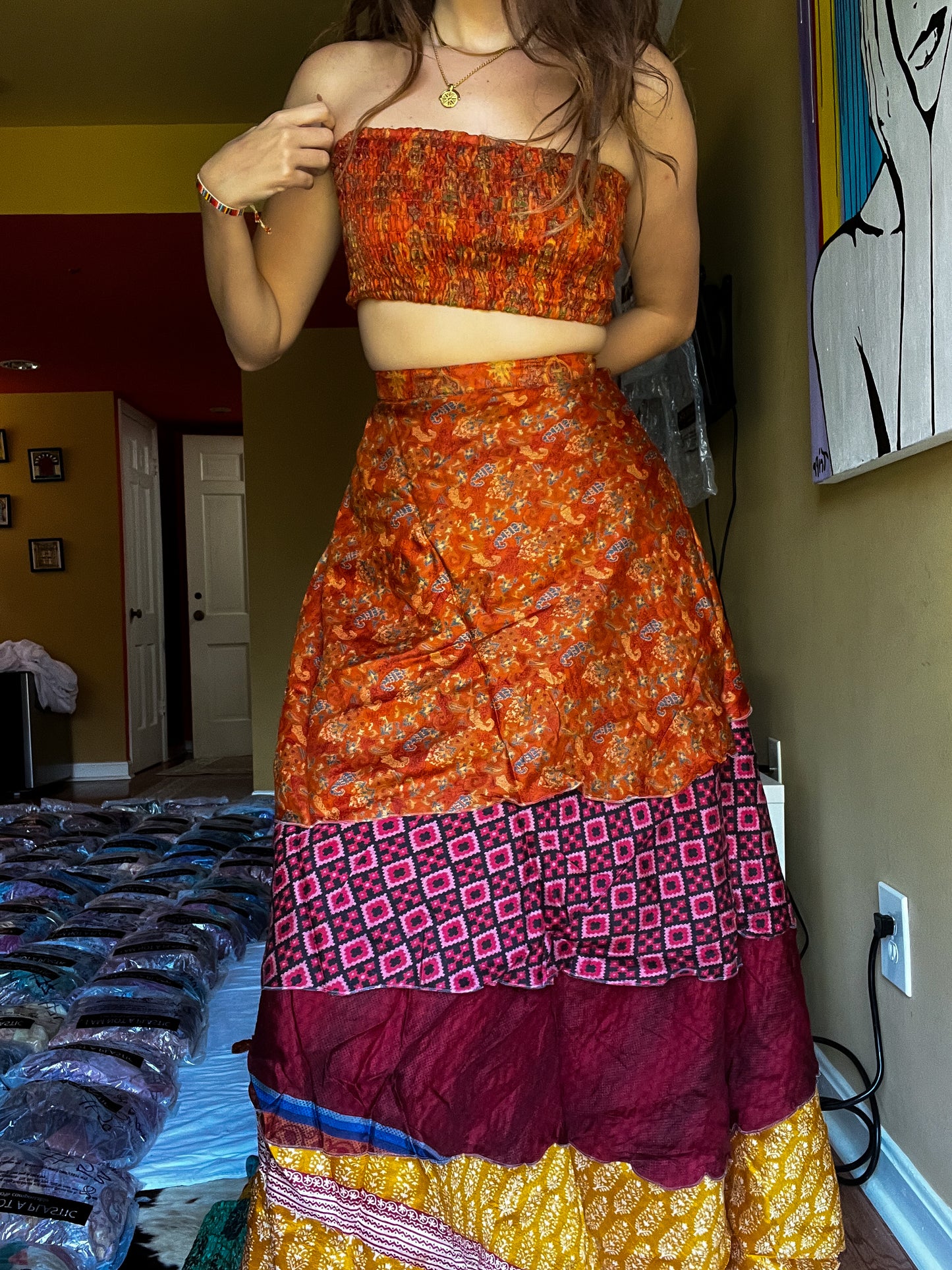 sari wrap skirt #150- Yellow, red