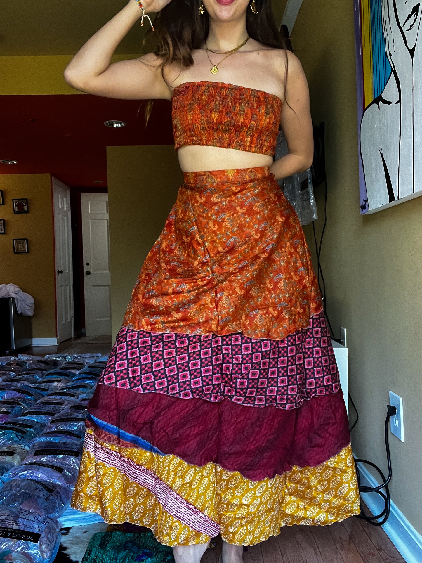 sari wrap skirt #150- Yellow, red