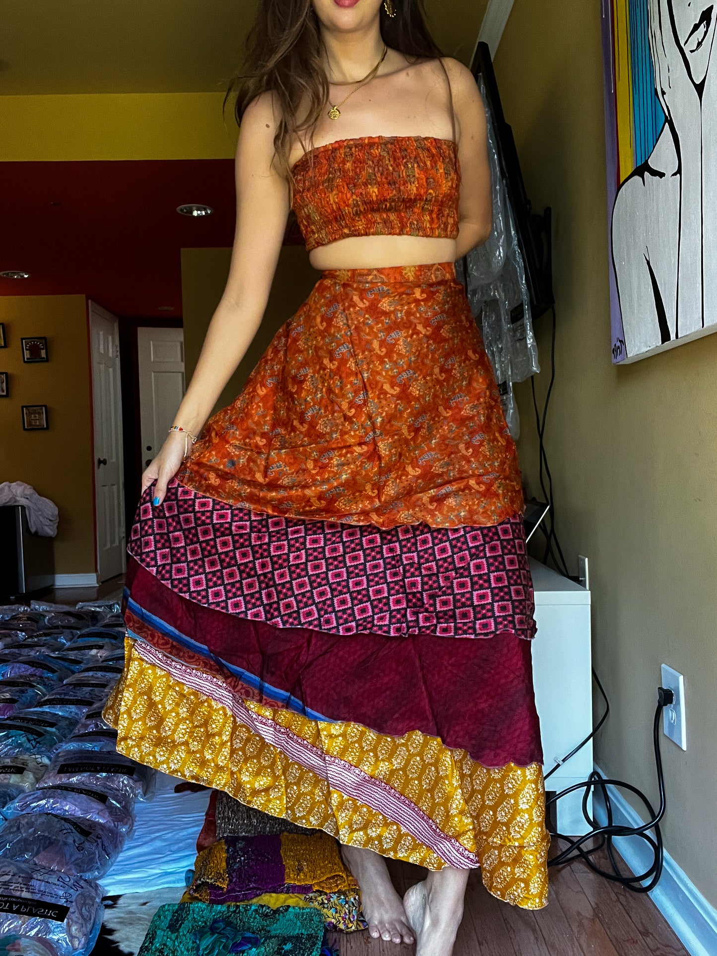 sari wrap skirt #150- Yellow, red