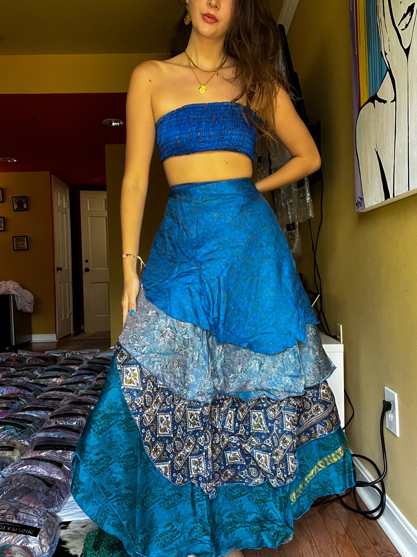 sari wrap skirt #154- Blue