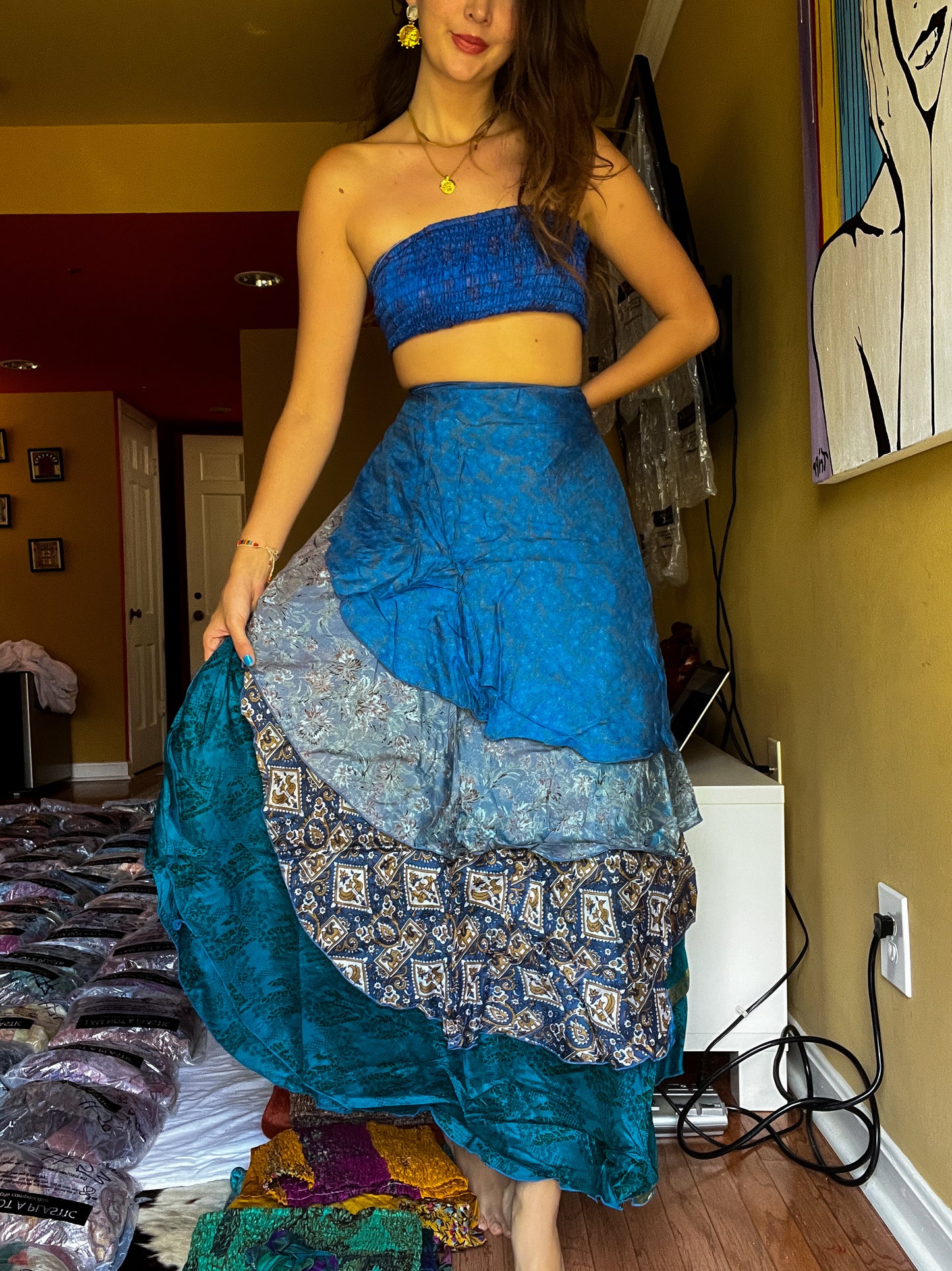 sari wrap skirt #154- Blue