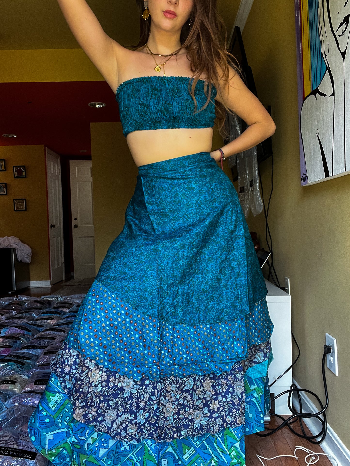 sari wrap skirt #159- Blue