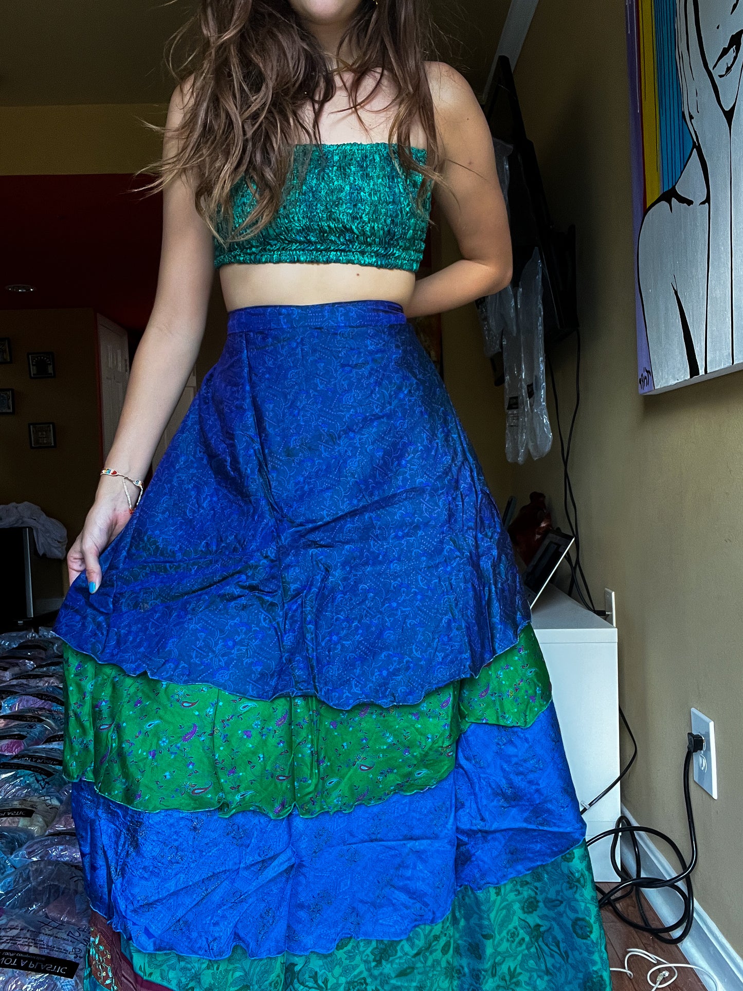 sari wrap skirt #161- Blue, Green