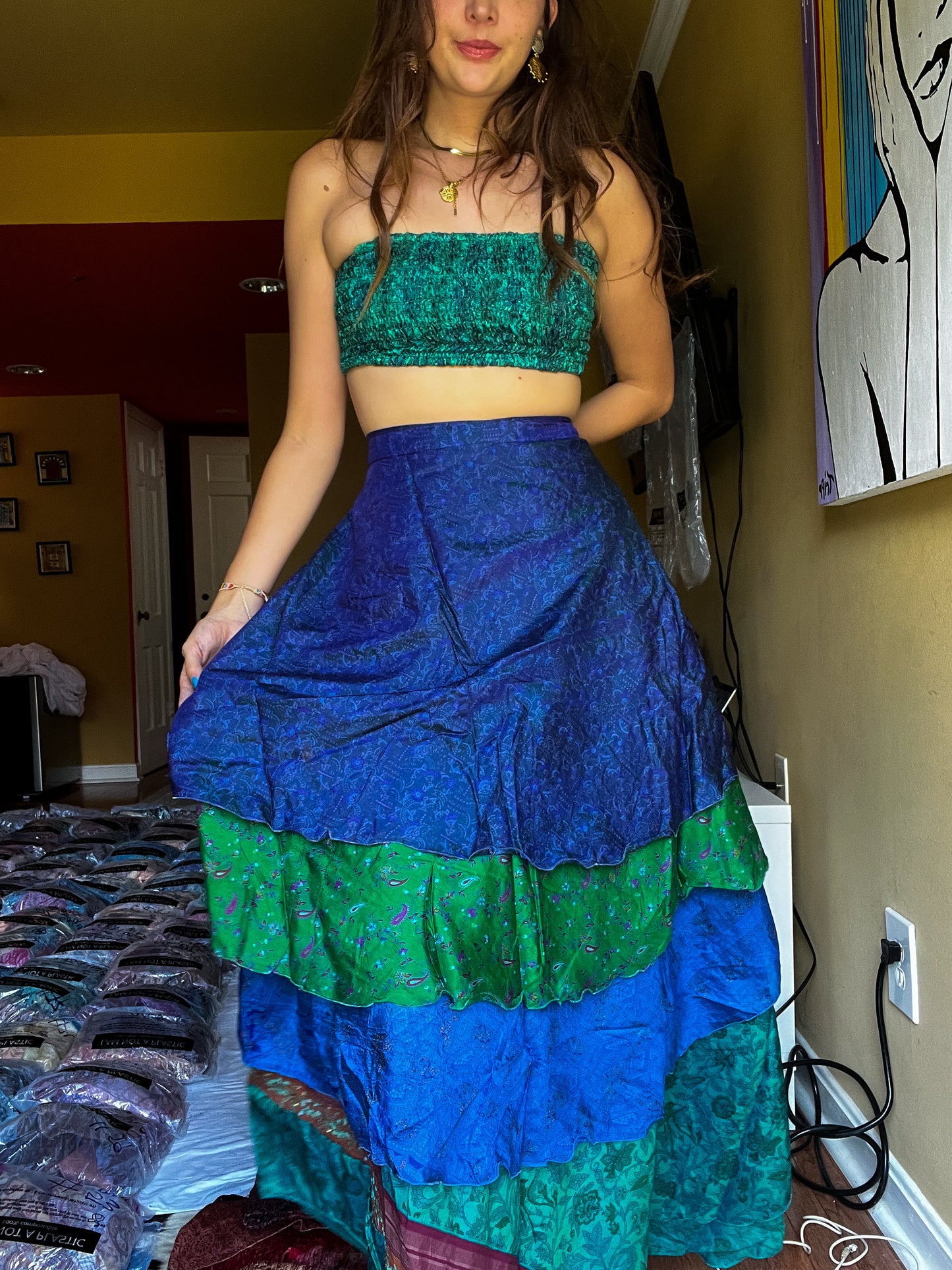 sari wrap skirt #161- Blue, Green