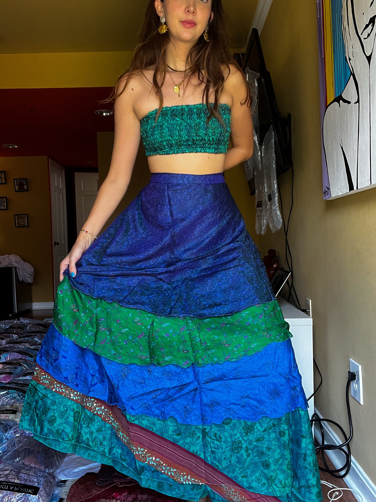 sari wrap skirt #161- Blue, Green
